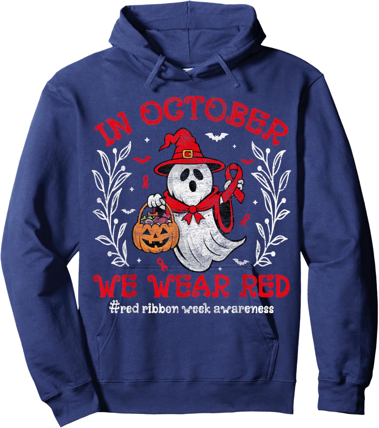 In October We Wear Red For Red Ribbon Week Awareness Ghost Hoodie - Hoodie | Navy