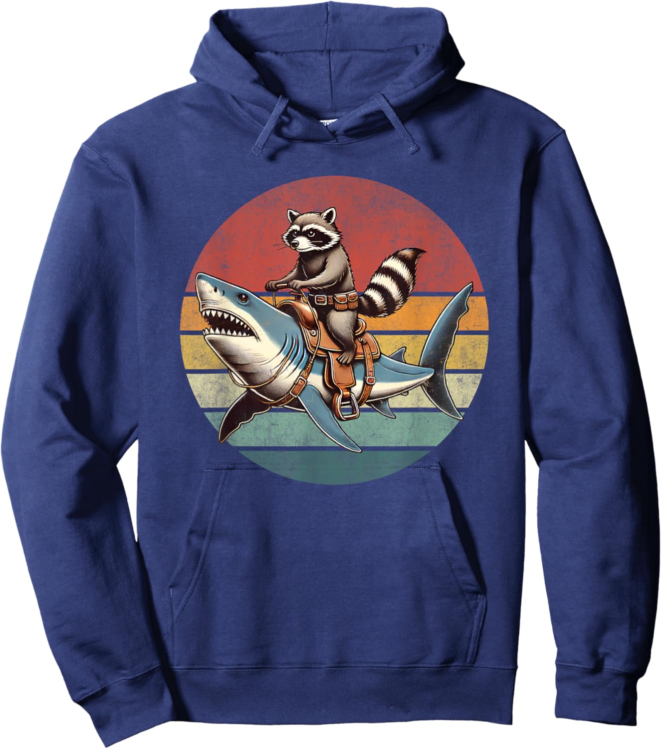 Vintage Raccoon Shark Rider Funny Retro Raccoon Riding Shark Hoodie - Hoodie | Navy