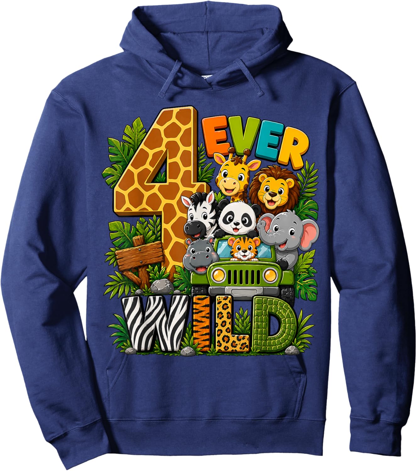 Kids Four Ever Wild 4th Birthday Safari Jungle Animal Party Hoodie - Hoodie | Navy