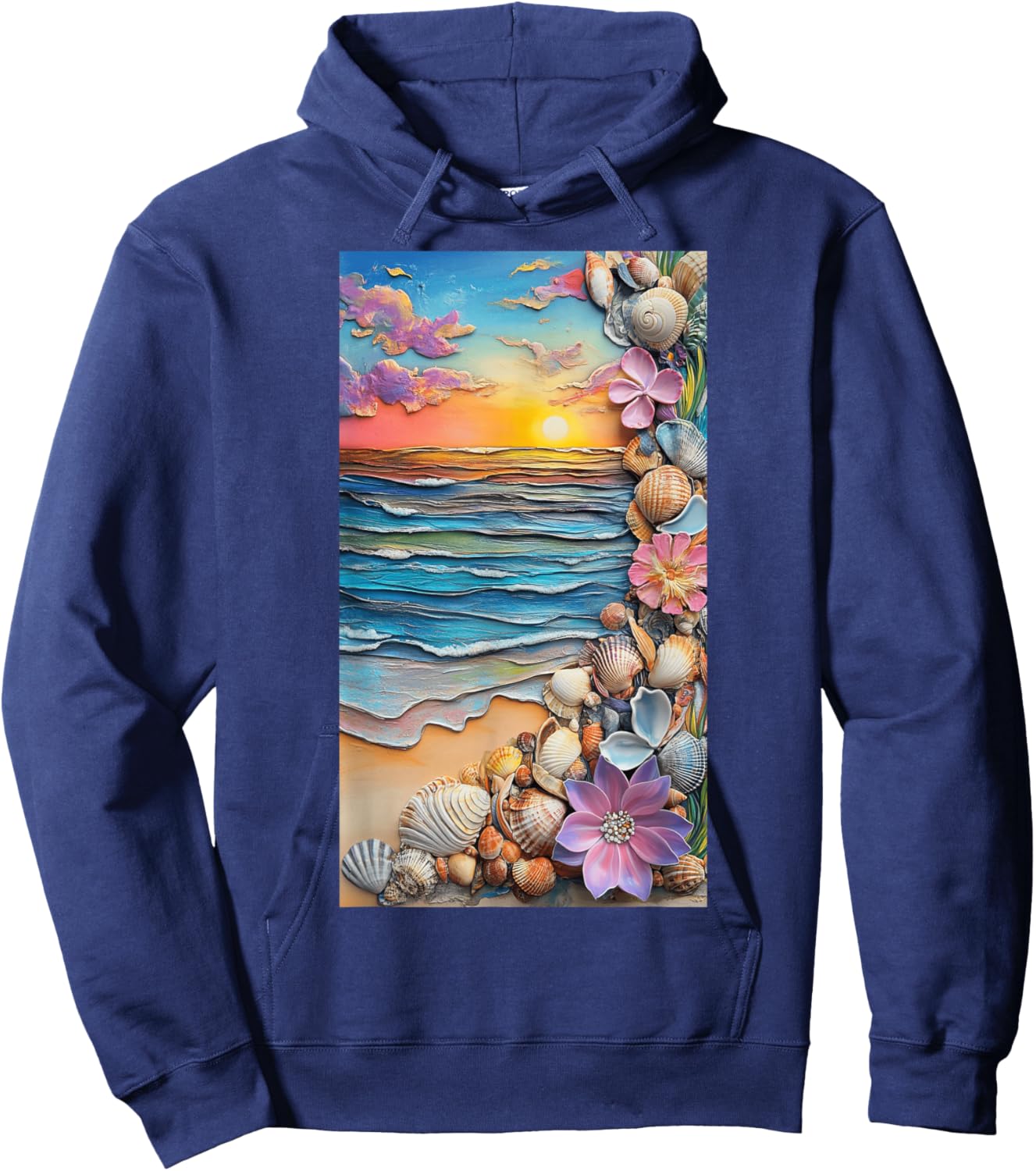 Sunset Beach Scene Seashells Ocean art Hoodie - Hoodie | Navy