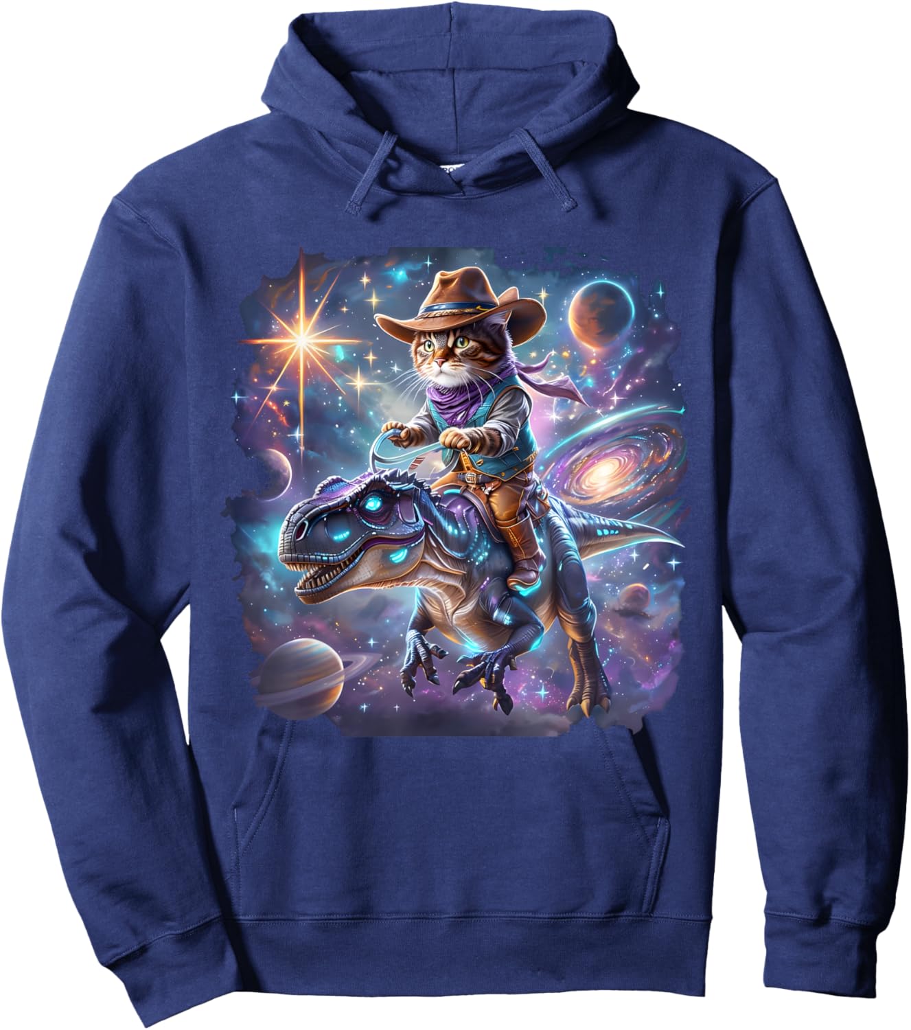 Cat Riding Dinosaur Funny Cat Cowboy Hat Rainbow Galaxy Hoodie - Hoodie | Navy