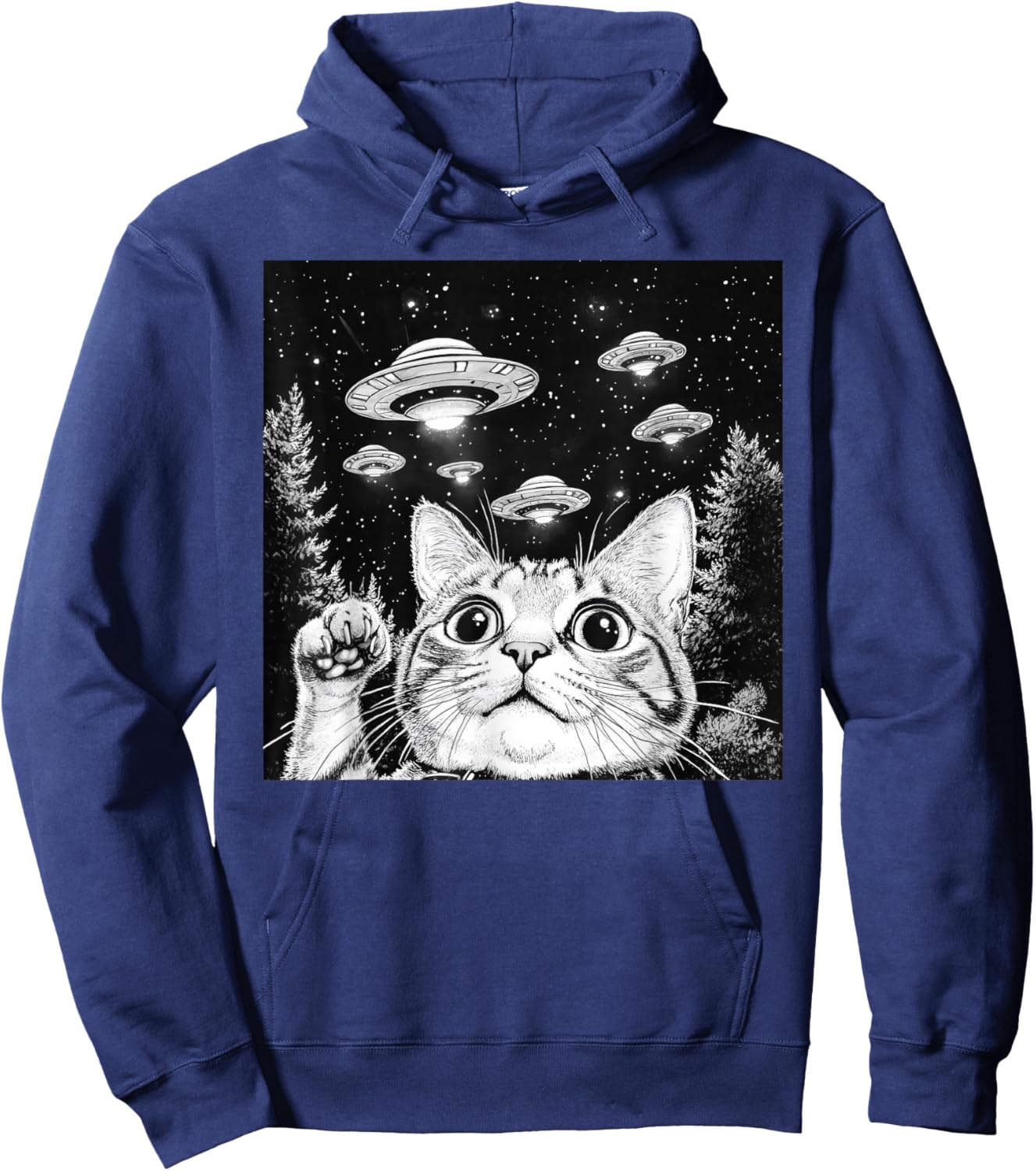 Cat Selfie With Alien UFO Funny Cat Hoodie - Hoodie | Navy