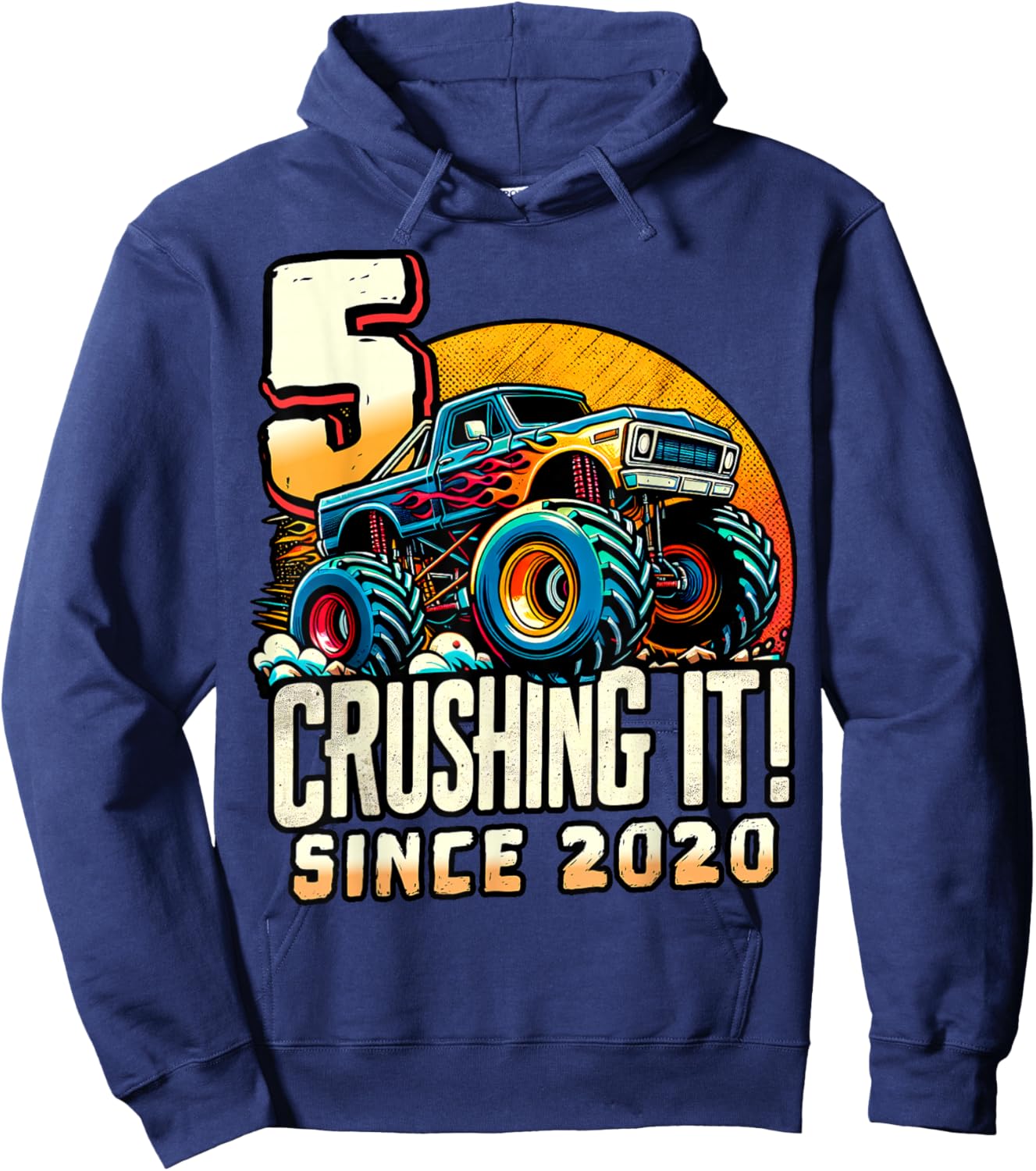 Birthday Monster Truck 5 year Old Boys 5th Party Born 2020 Hoodie - Hoodie | Navy