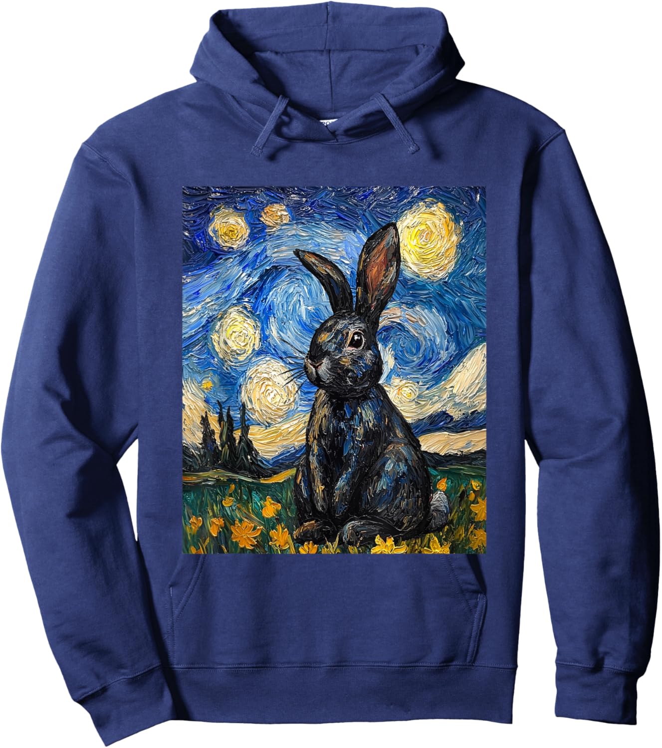Cute Bunny Rabbit Van Gogh Style Starry Night Funny Graphic Hoodie - Hoodie | Navy