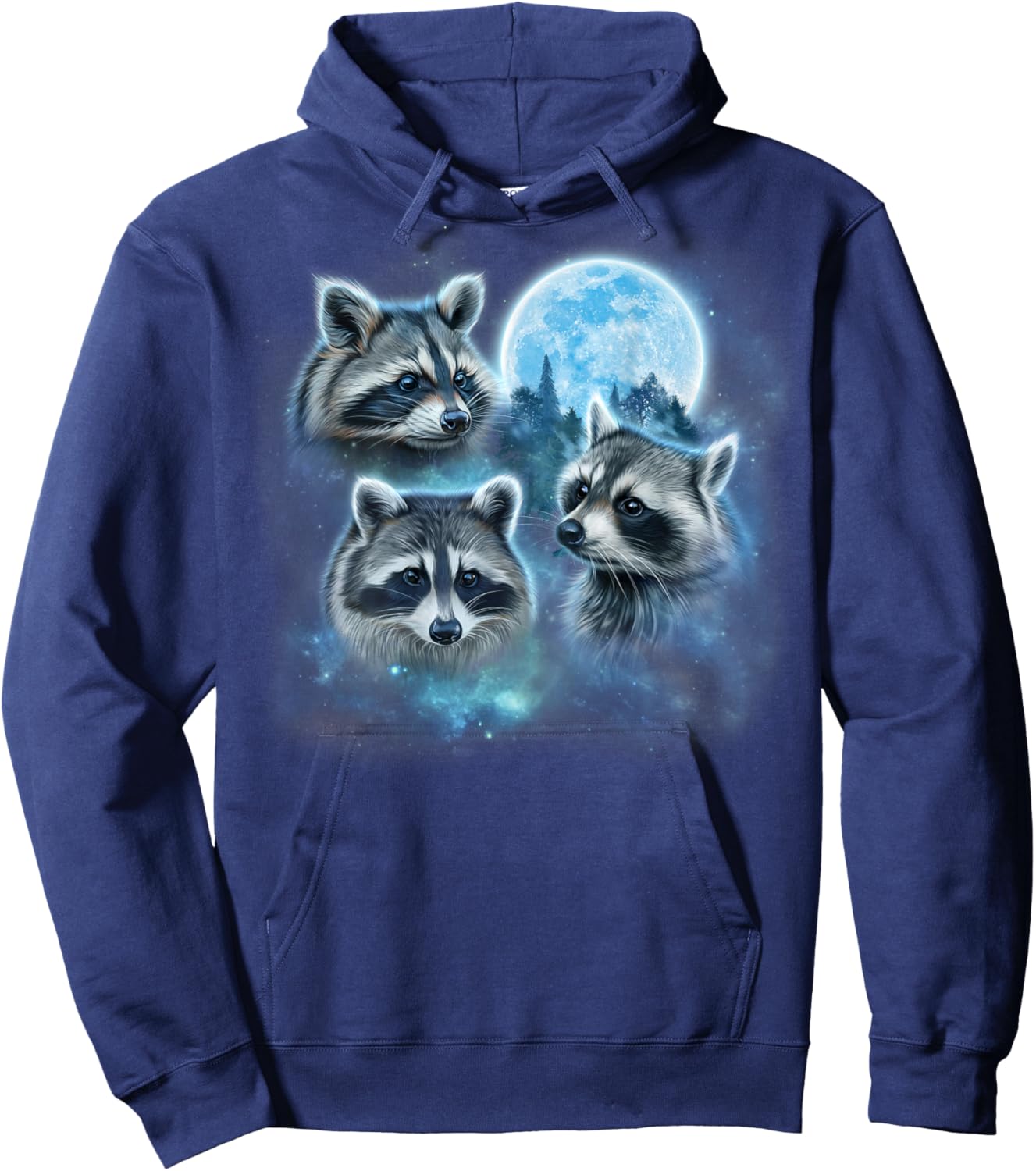 Three Raccoons Engulfed in Galaxy Clouds Under Icy Moon Hoodie - Hoodie | Navy