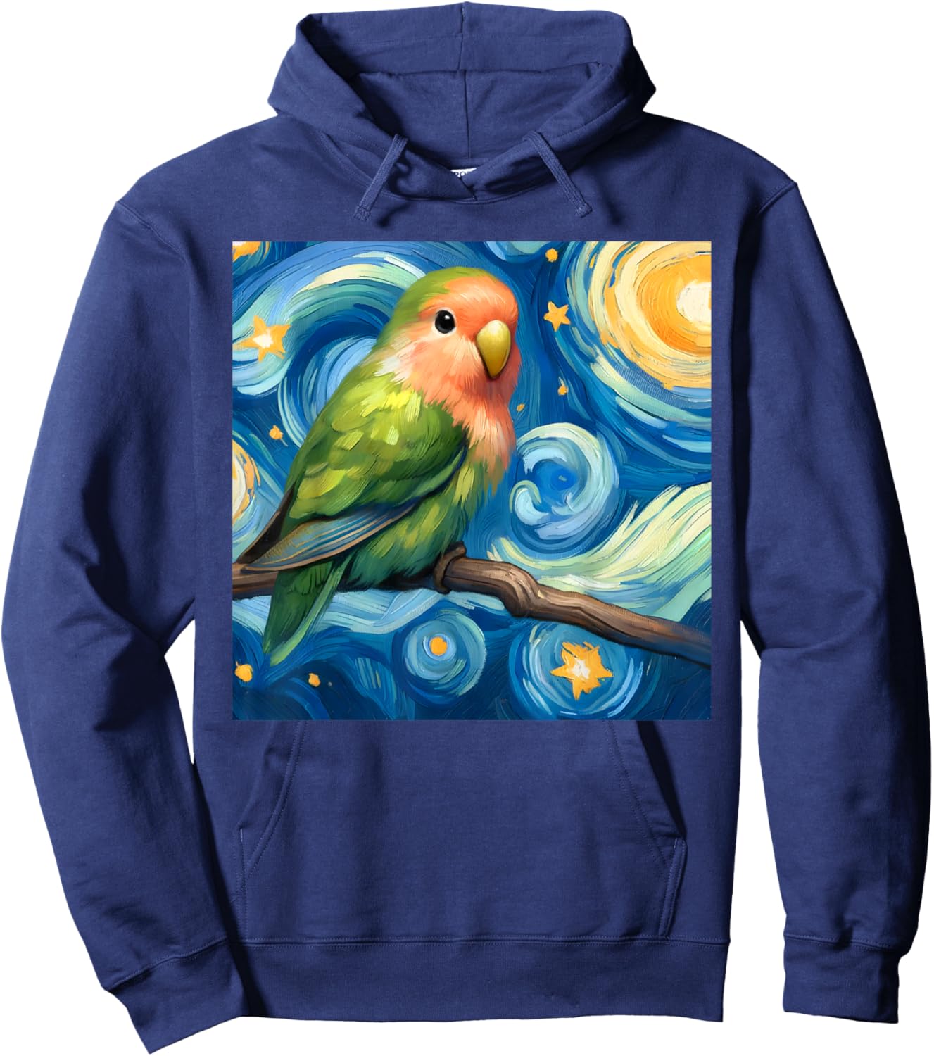 Rosy-faced Green Lovebird Parrot Starry Night Sky Van Gogh Hoodie - Hoodie | Navy