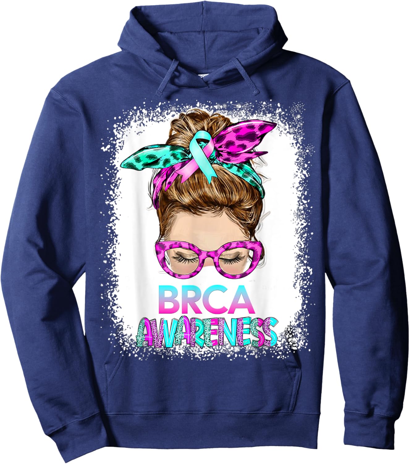 BRCA Messy Bun, pink-teal Mastectomy Breast Cancer Awareness Hoodie - Hoodie | Navy
