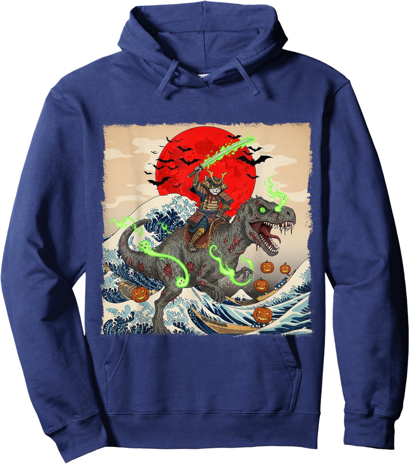 Samurai Cat vs Zombie Dinosaur Spooky Ukiyo-e Halloween Hoodie - Hoodie | Navy