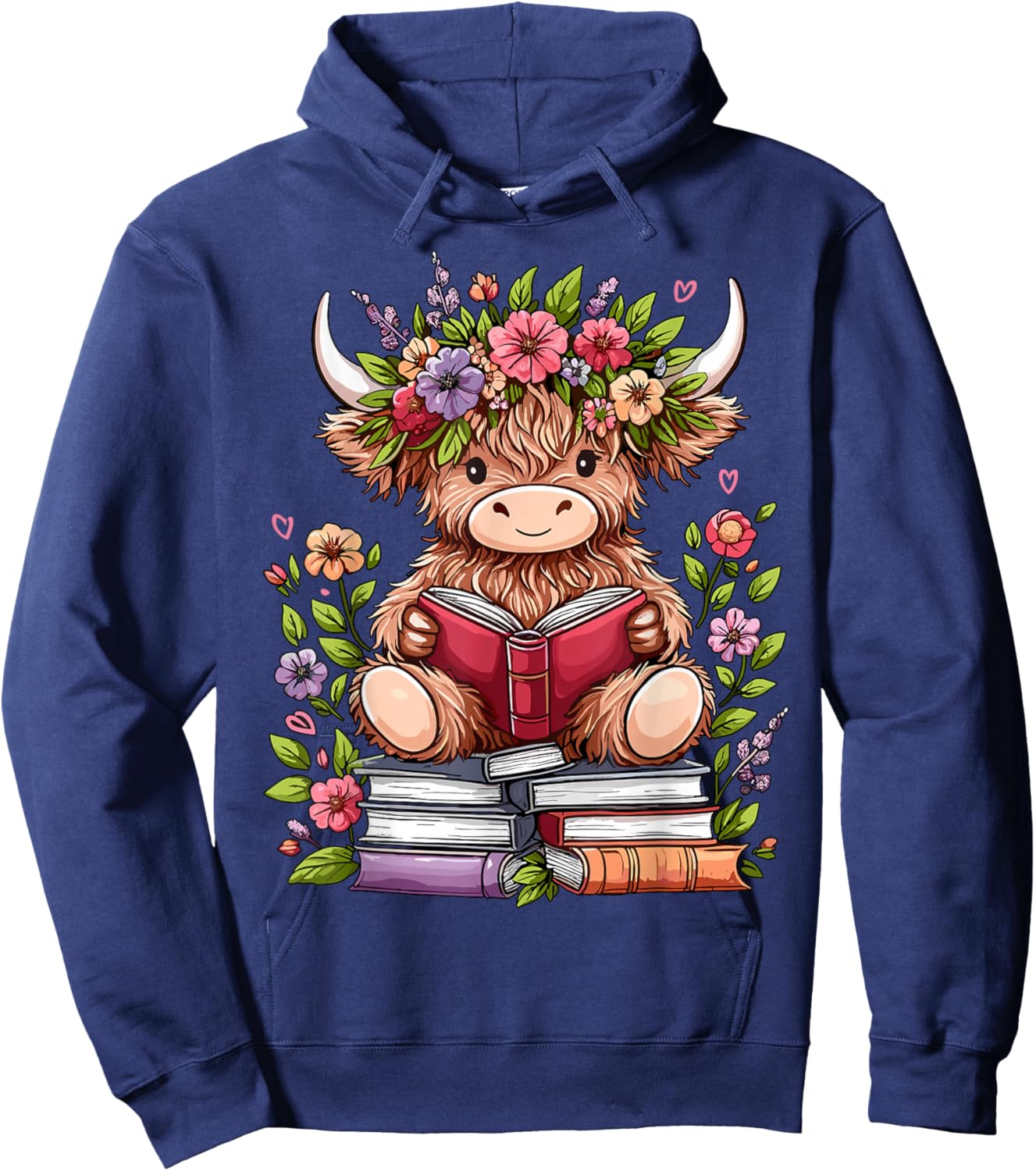 Cute Baby Highland Cow with Reading Book Bookworm Hoodie - Hoodie | Navy
