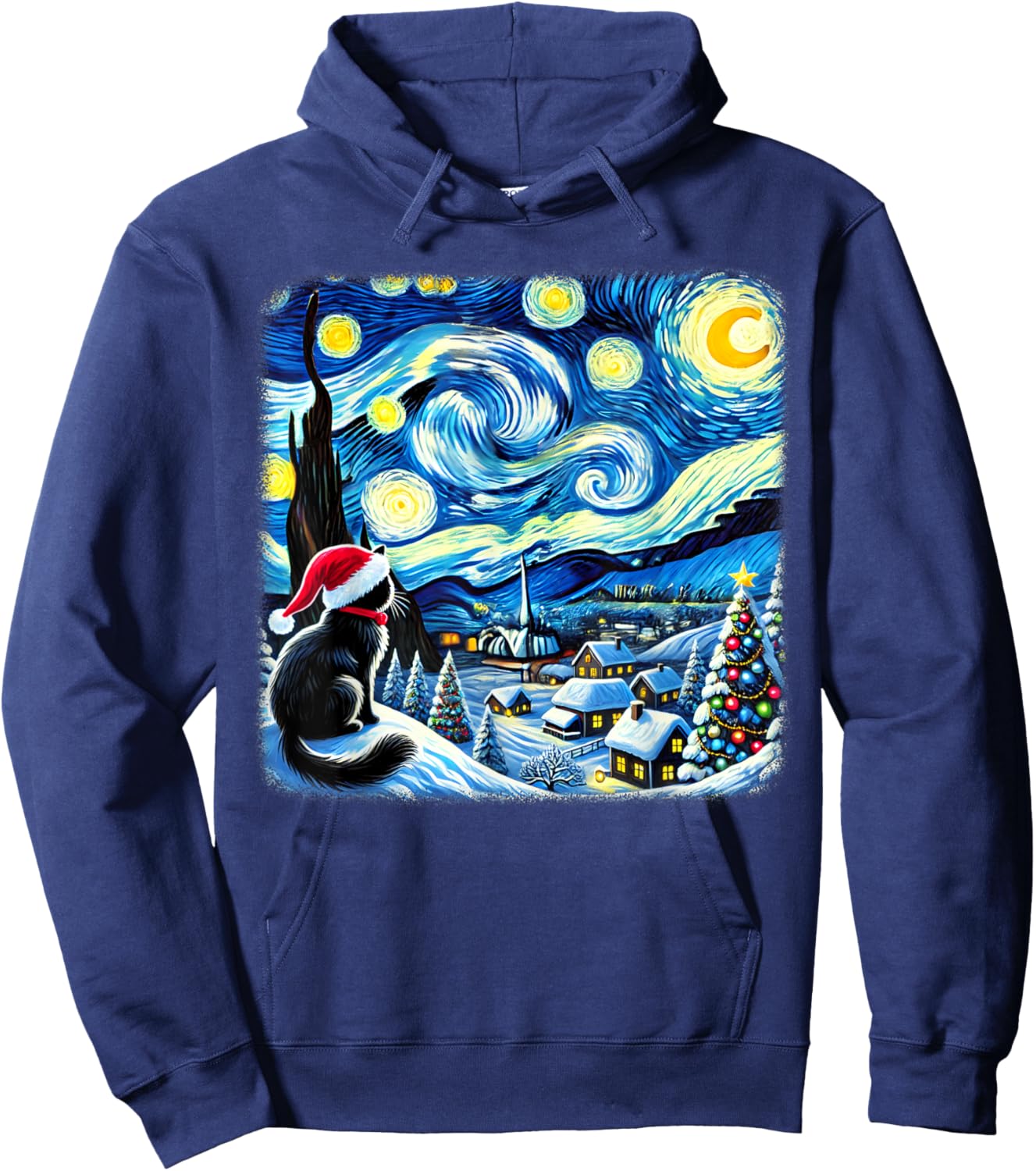 Christmas Van Gogh Starry Night Black Cat Santa Hat Xmas Women Kids Hoodie - Hoodie | Navy