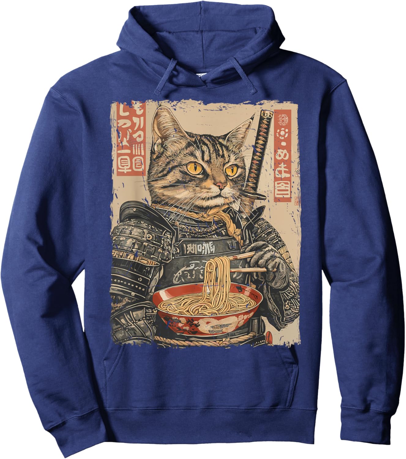 Samurai Cat Loves Ramen Funny Anime Japanese Artwork Samurai Hoodie - Hoodie | Navy