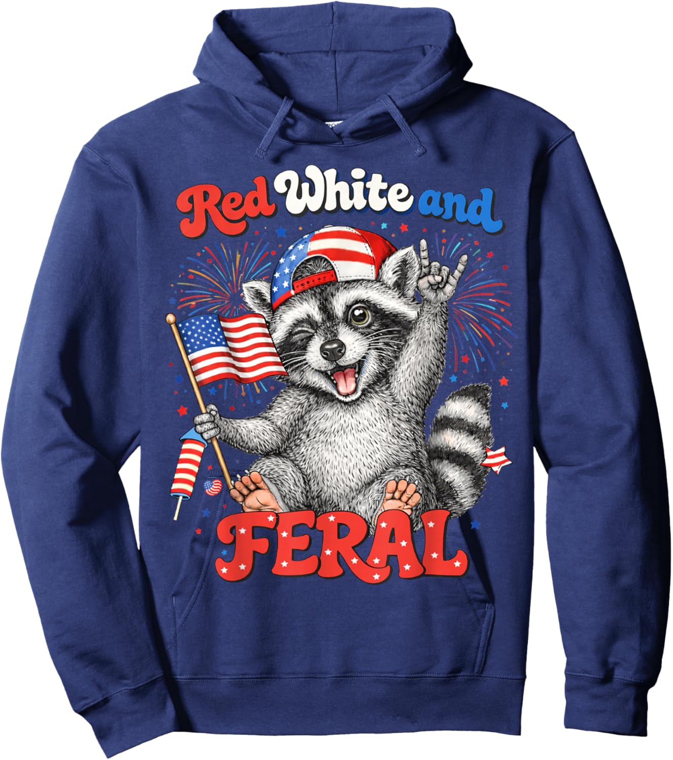 Red White Feral Raccoon Patriotic Men Women 4th of July Hoodie - Hoodie | Navy