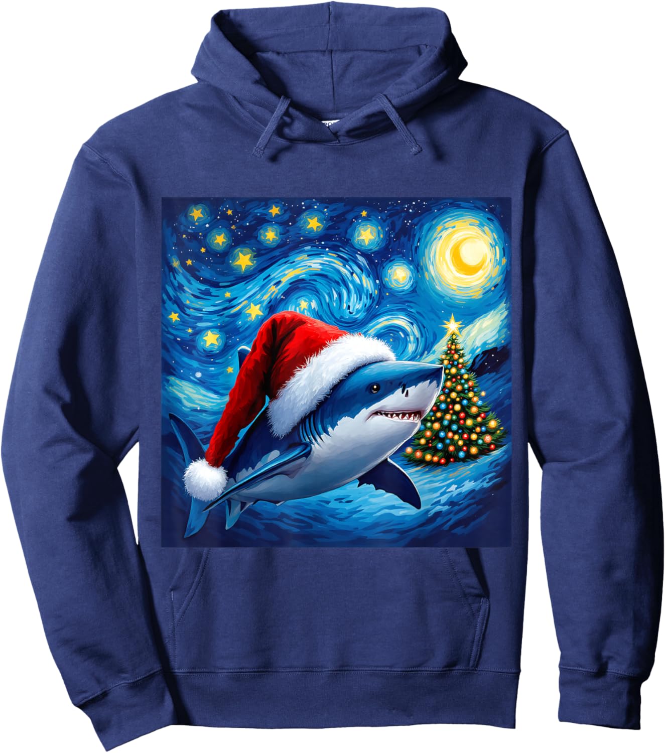 Christmas Shark Santa Hat Van Gogh Starry Night Holiday Hoodie - Hoodie | Navy