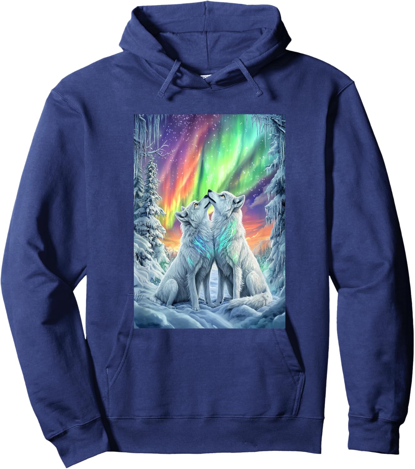 Colorful Northern Lights Wolves Nature Mtn Winter Girls Wolf Hoodie - Hoodie | Navy