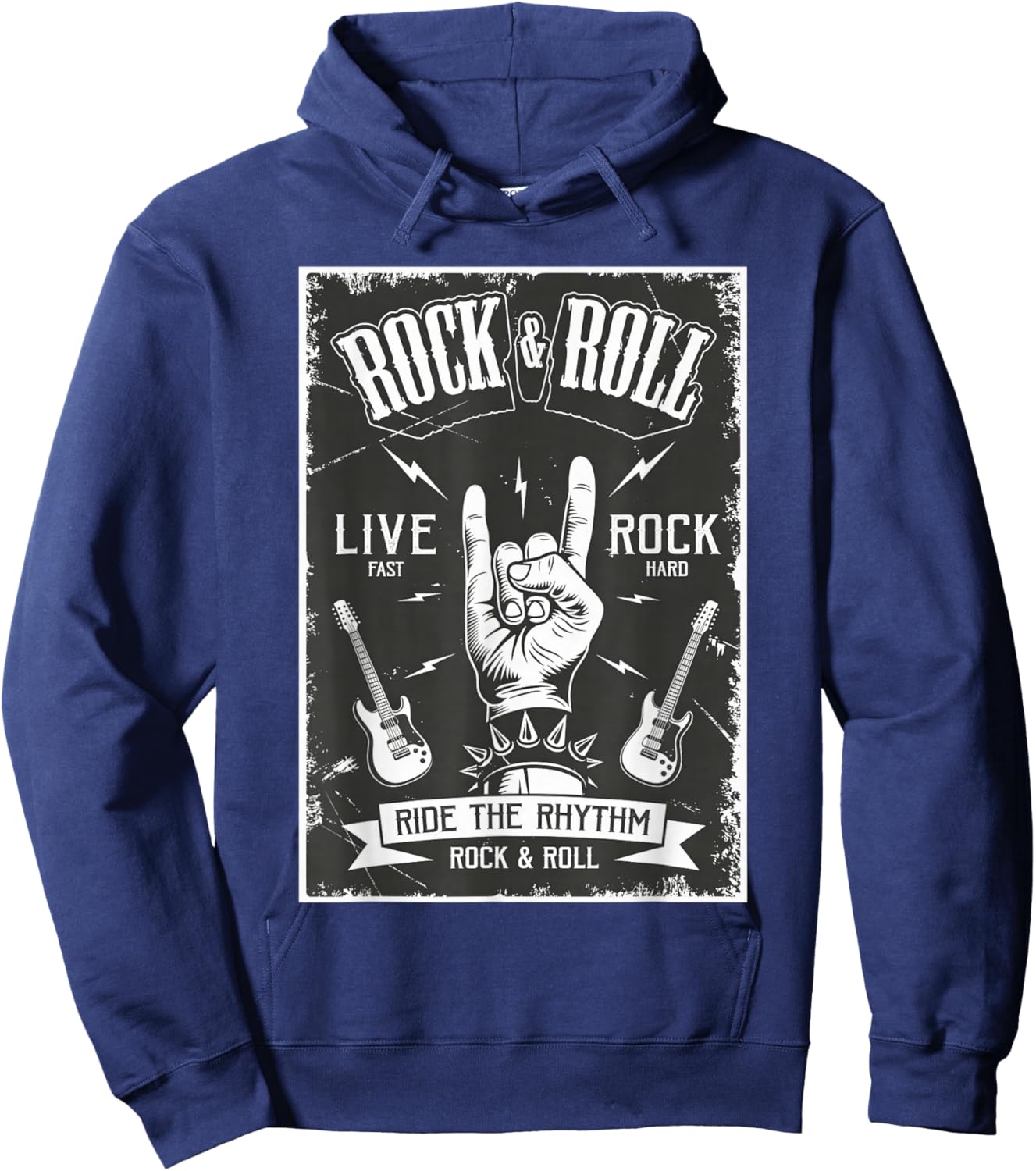 Rock N Roll Hand Sign Rock-On Guitar Music Band Concert 80s Hoodie - Hoodie | Navy