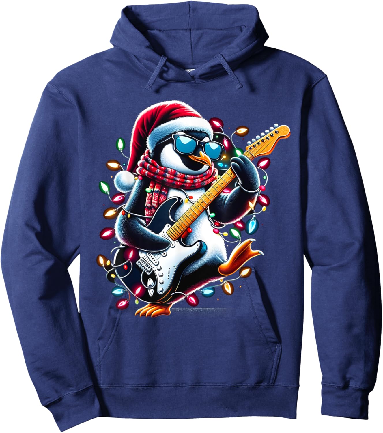 Penguin Playing Guitar Toddler Penguin Christmas Light Xmas Hoodie - Hoodie | Navy