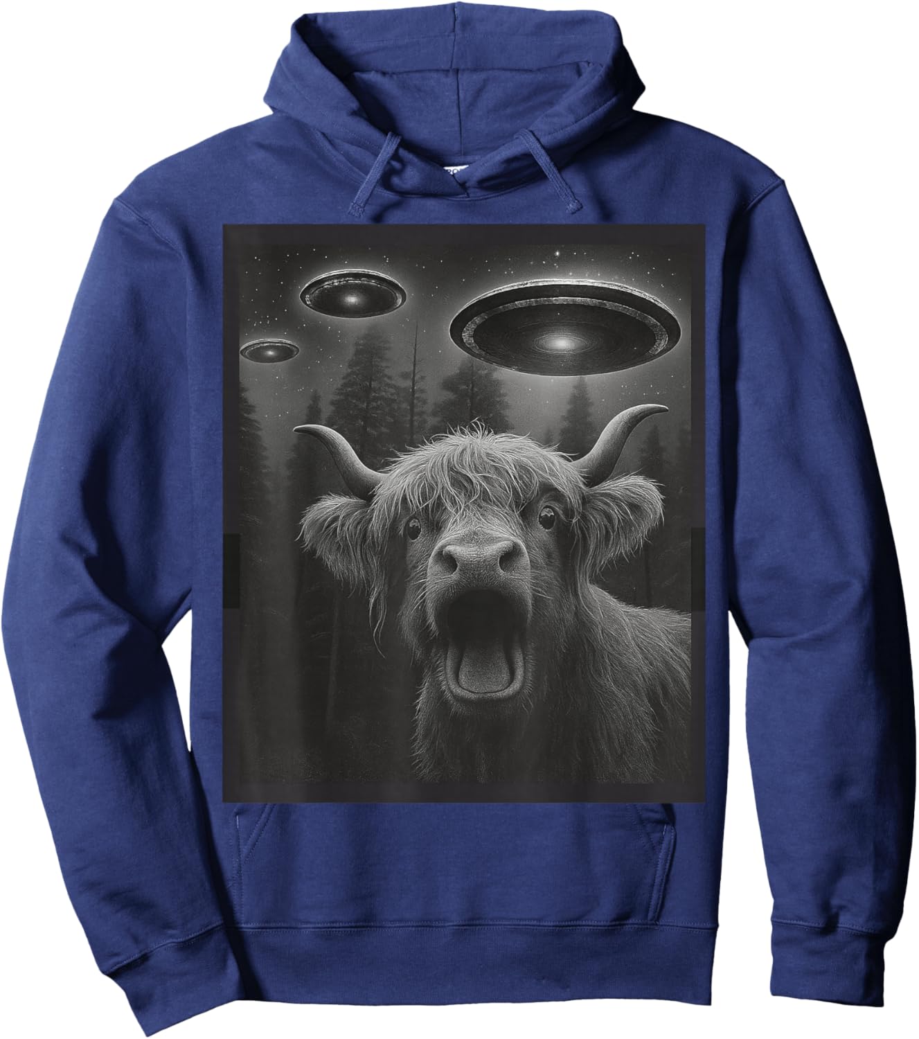 Funny Highland Cow Selfie Alien UFO Gifts Women Kid Hoodie - Hoodie | Navy