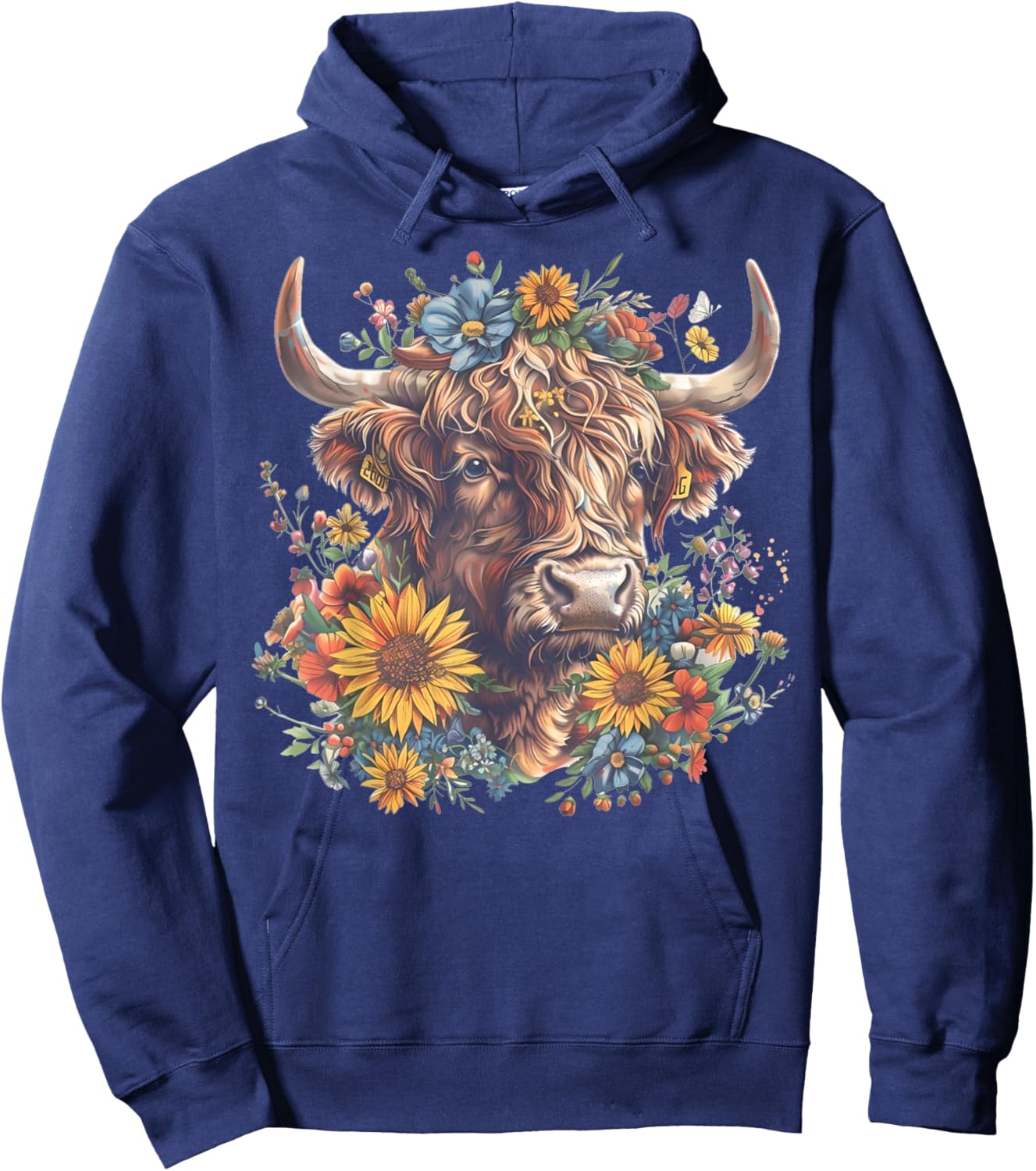 Cute Highland Cow With Sunflowers Funny Calf Animal Farm Hoodie - Hoodie | Navy