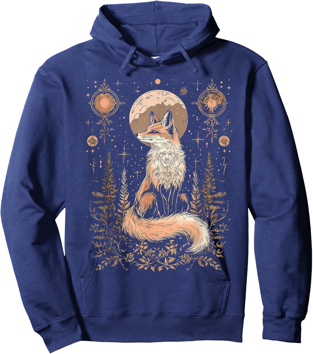 Mystic Moon and Moonphase Fox Mystical Flowers Aesthetic Hoodie - Hoodie | Navy