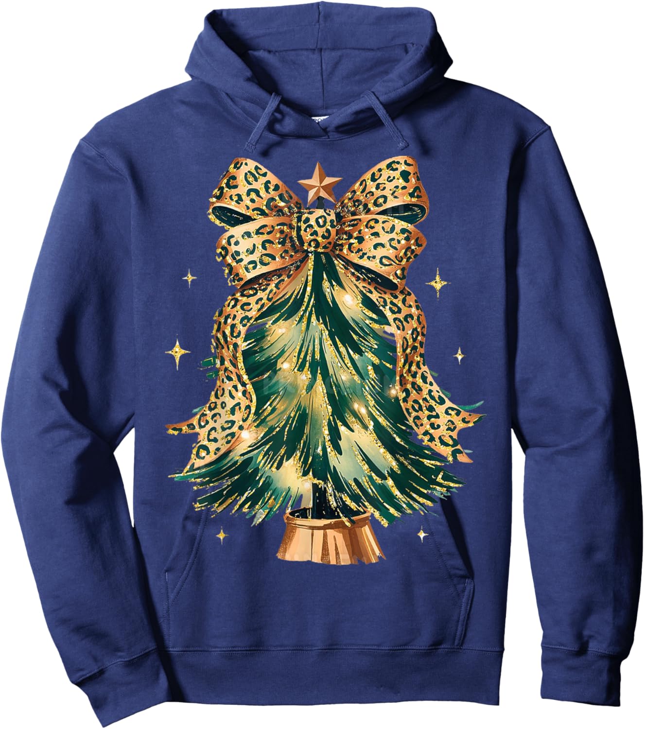 Leopard Bow Christmas Tree Glam Holiday Winter Hoodie - Hoodie | Navy