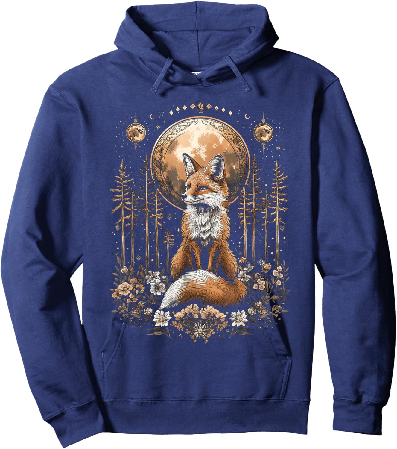 Mystic Moon and Moonphase Fox Mystical Flowers Aesthetic Hoodie - Hoodie | Navy