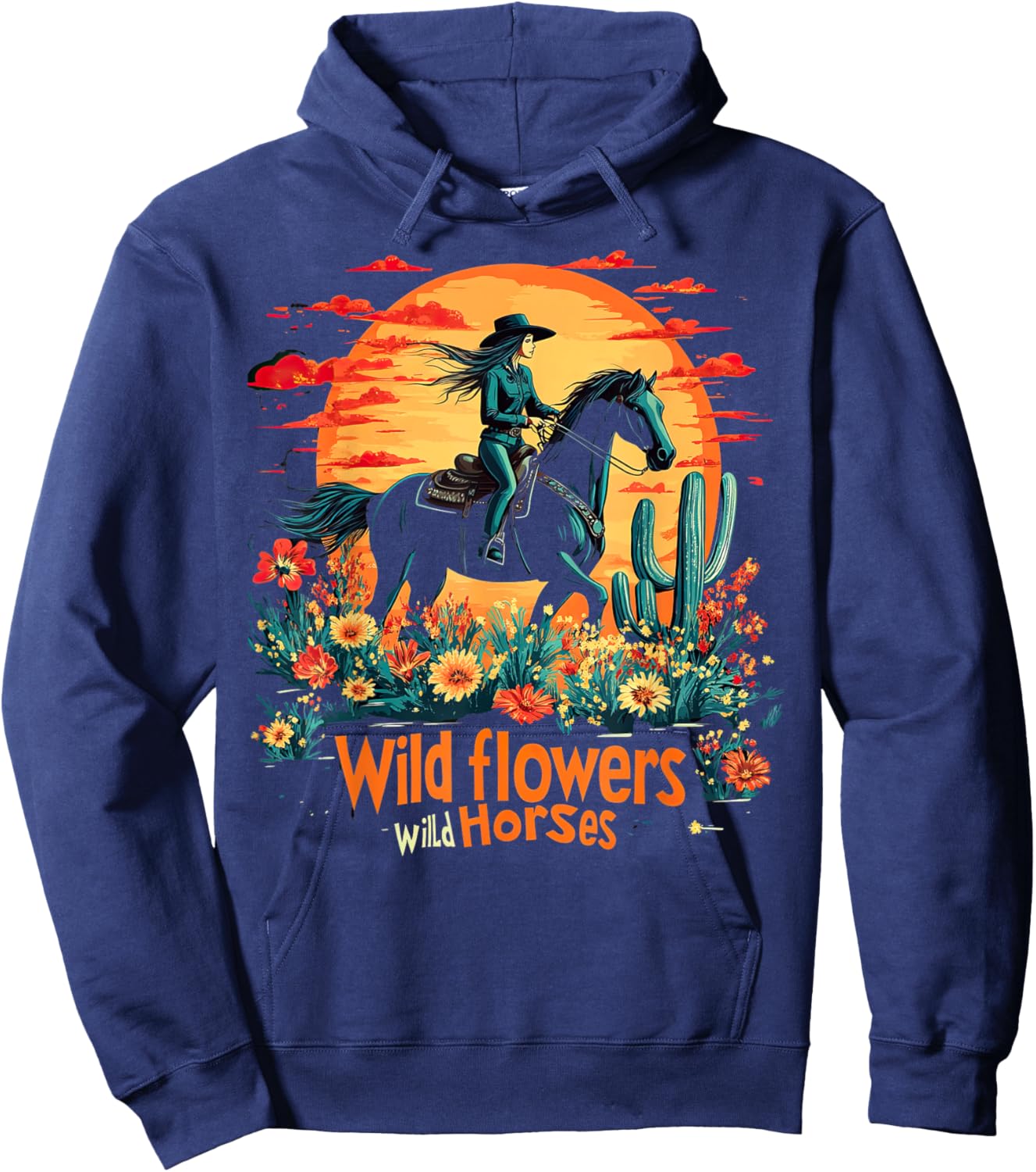 Sunset Cowgirl Riding Horse Wild Flowers Wild Horses Hoodie - Hoodie | Navy