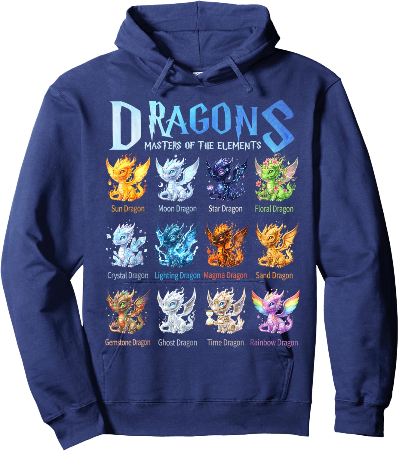 Dragons Masters of The Element Chart - Fantasy Dragon Types Hoodie - Hoodie | Navy