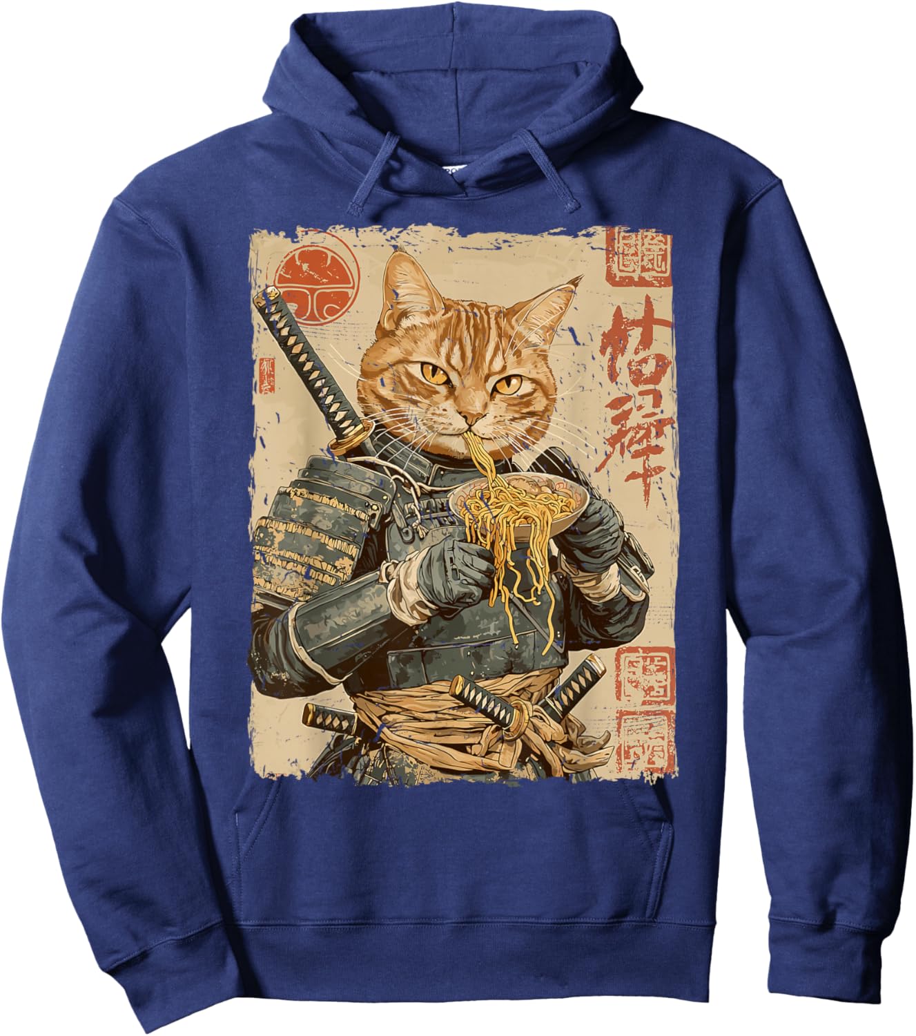 Samurai Cat Loves Ramen Funny Anime Japanese Artwork Samurai Hoodie - Hoodie | Navy