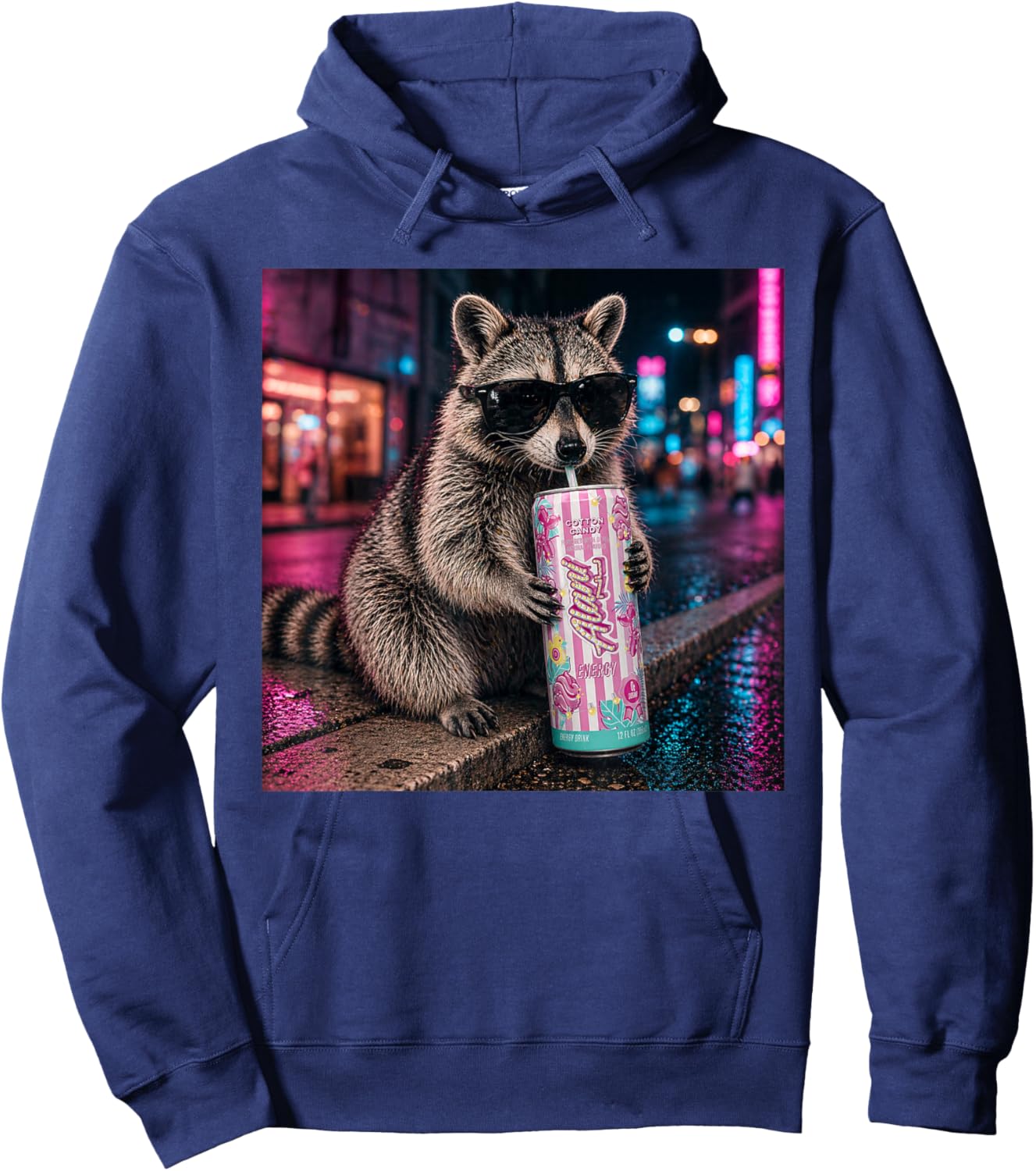 Funny Raccoon Cotton-Candy Drink Animal Meme Graphic Hoodie - Hoodie | Navy
