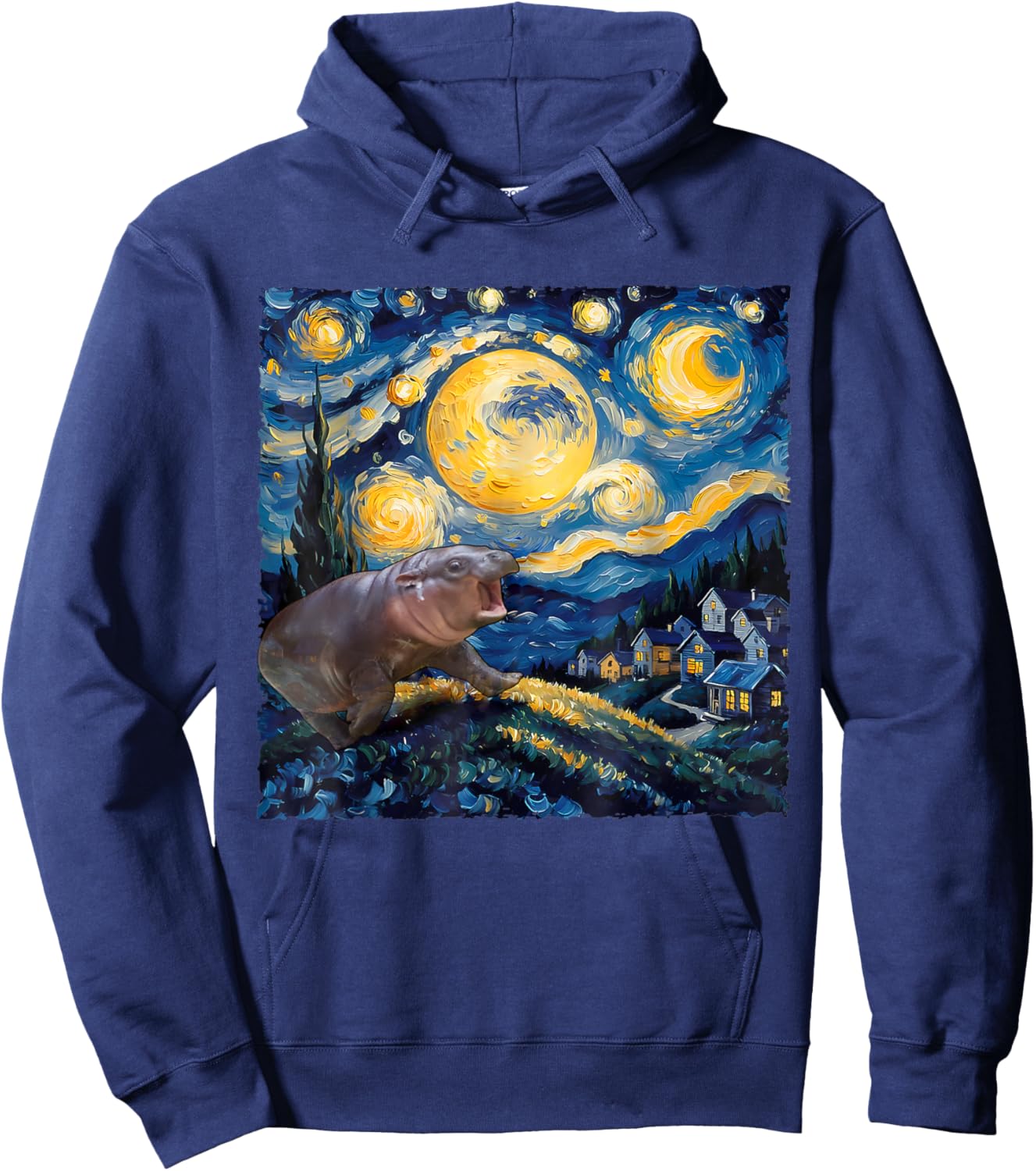 Moo-Deng Starry Night Van Gogh Funny Moo-Deng Meme Hoodie - Hoodie | Navy