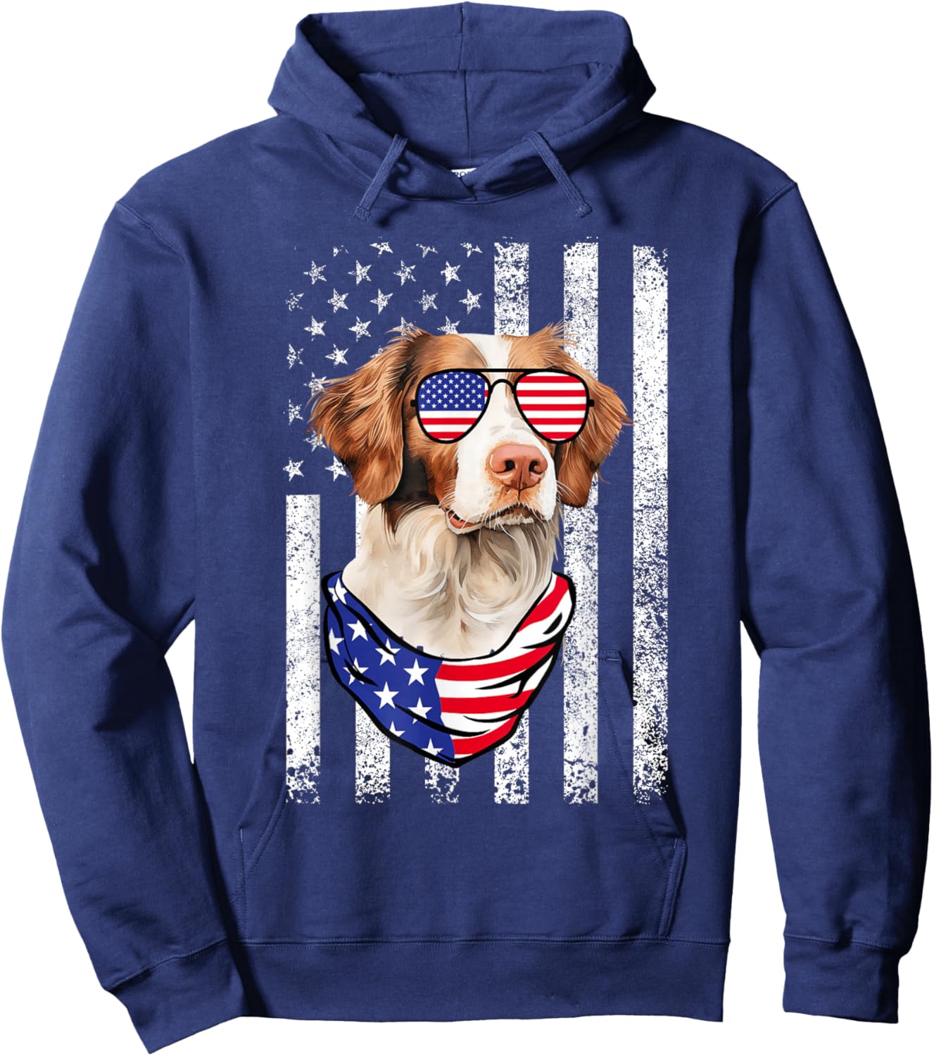 Brittany Spaniel American Flag USA Patriotic 4th of July Hoodie - Hoodie | Navy