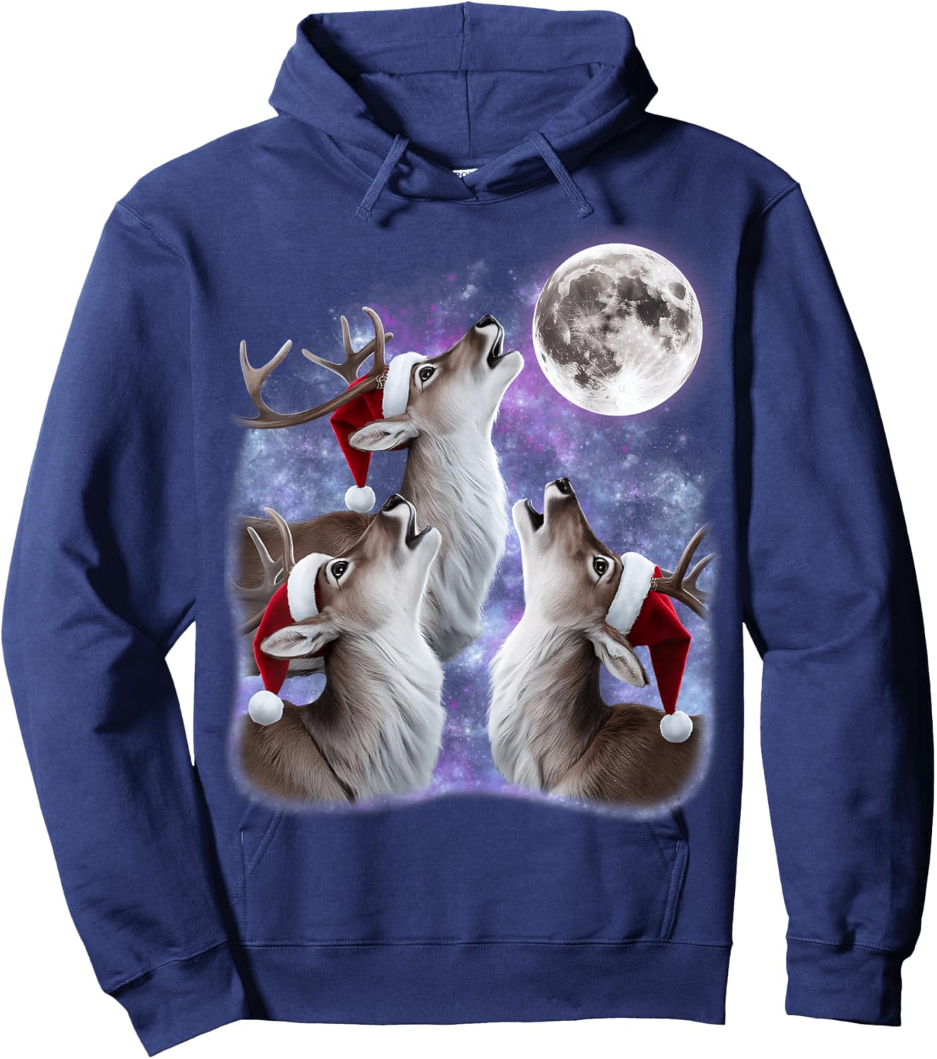 3 Deer Howling At The Moon Santa Hat Meme Funny Deer Lovers Hoodie - Hoodie | Navy