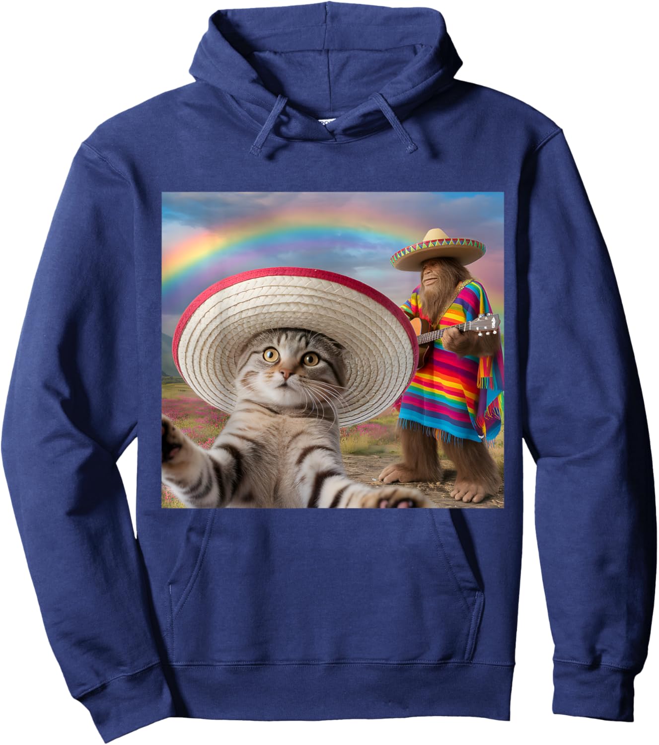 Funny Cat Selfie With Bigfoot Cinco de Mayo Men Women Kids Hoodie - Hoodie | Navy