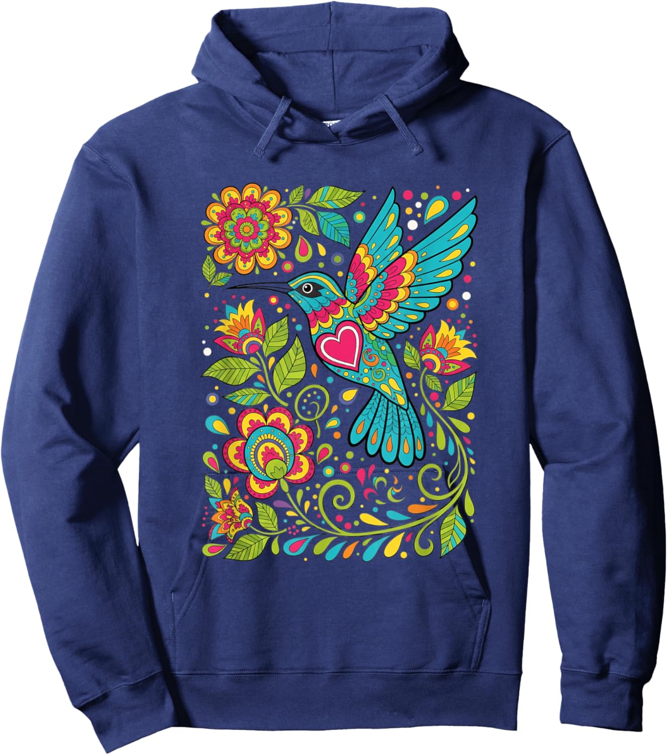 Bird Hummingbird Floral Folk-Art Colorful Hoodie - Hoodie | Navy