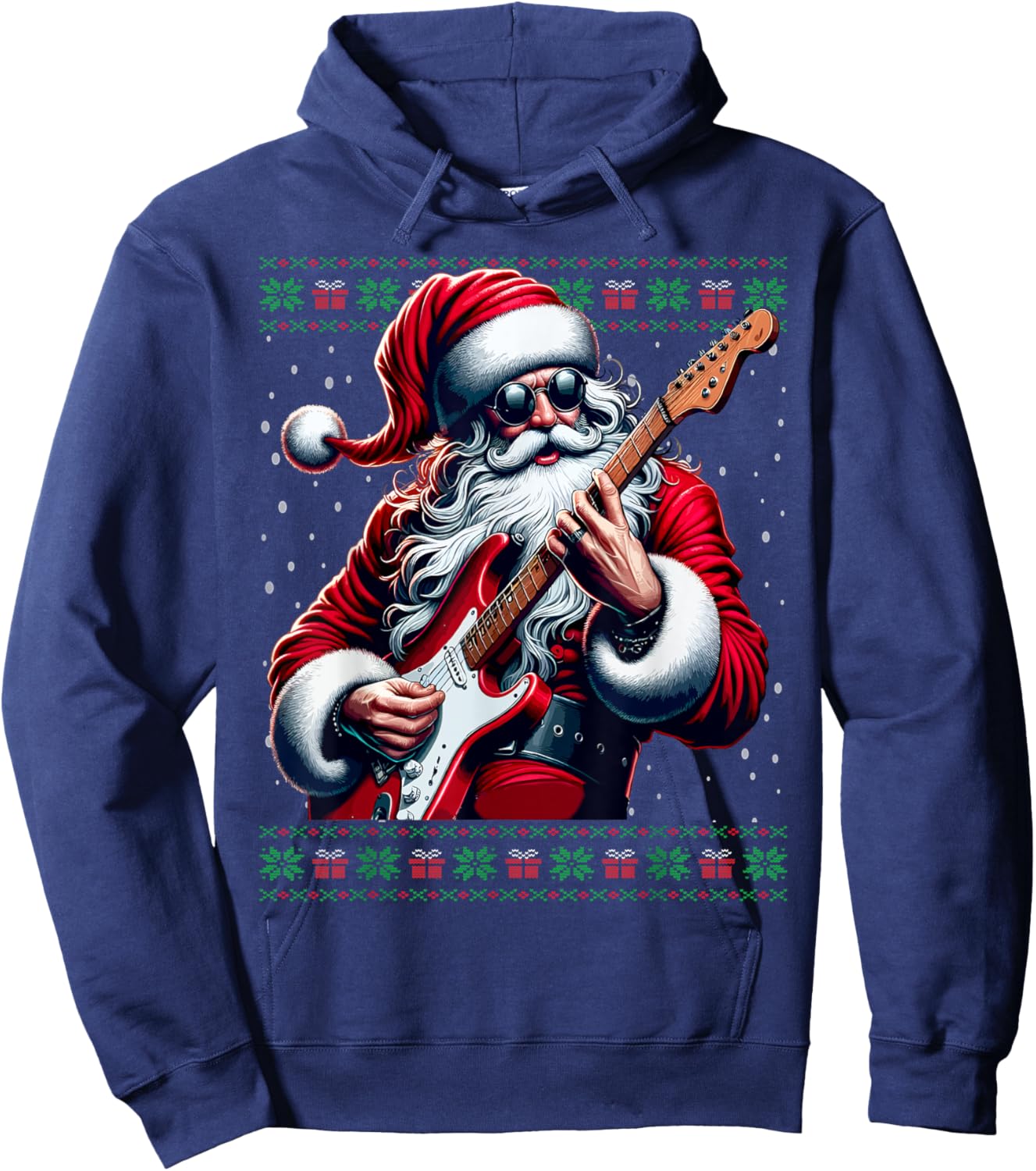 Santa Guitar Musician Guitarist Ugly Christmas Sweater Hoodie - Hoodie | Navy
