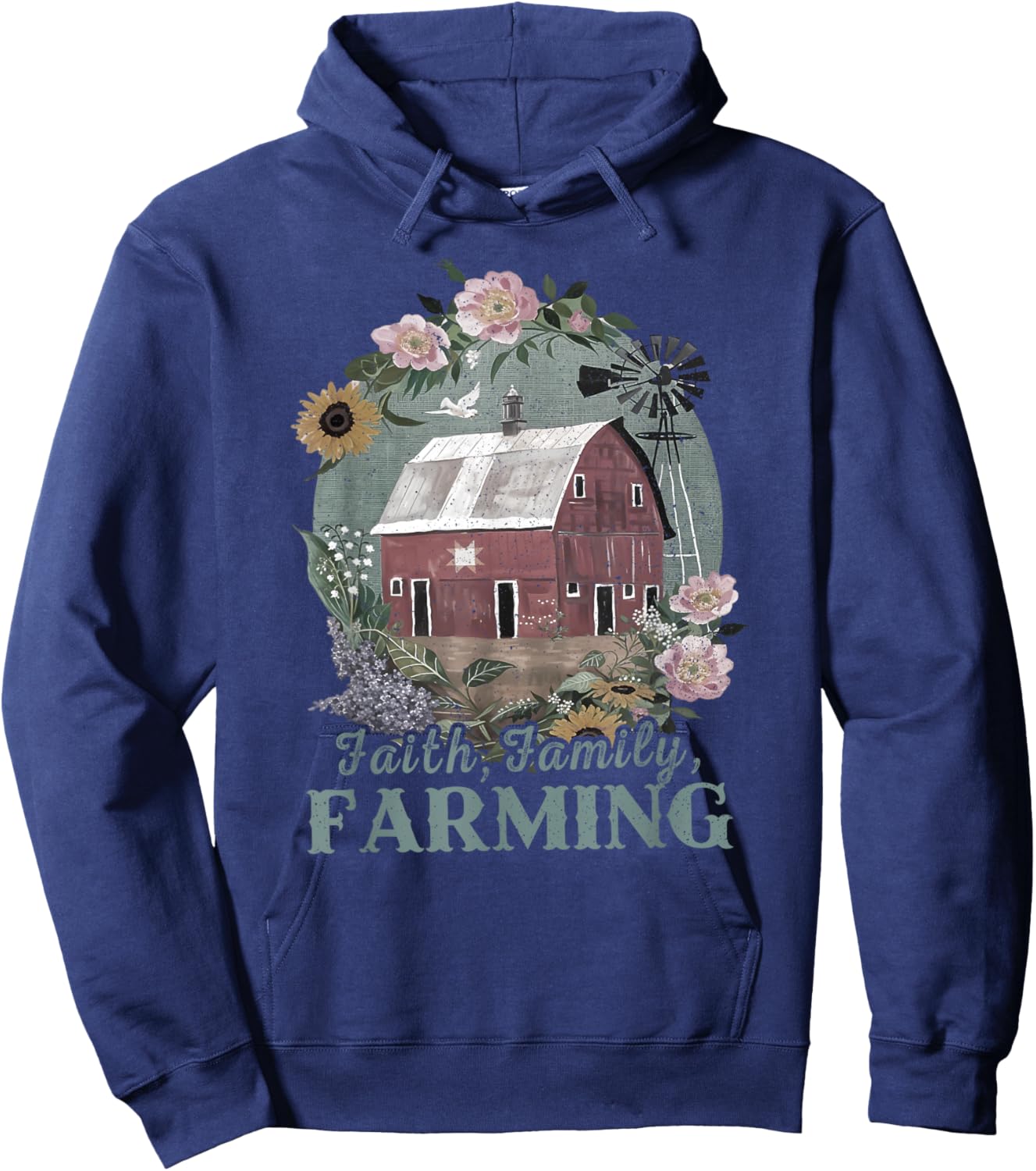 Vintage Faith Family Farming, Boho Floral Vintage Farmer Hoodie - Hoodie | Navy