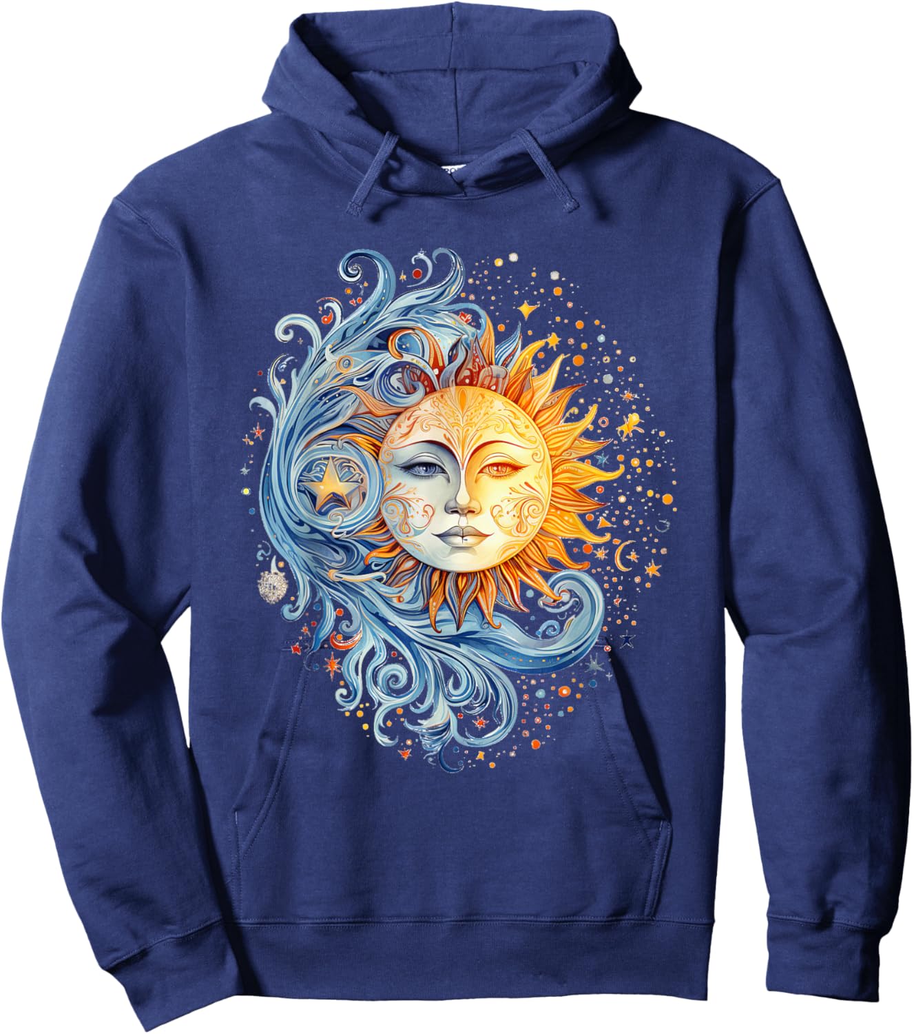 Mystical Sun and Moon with Woman Mystical Flowers Aesthetic Hoodie - Hoodie | Navy