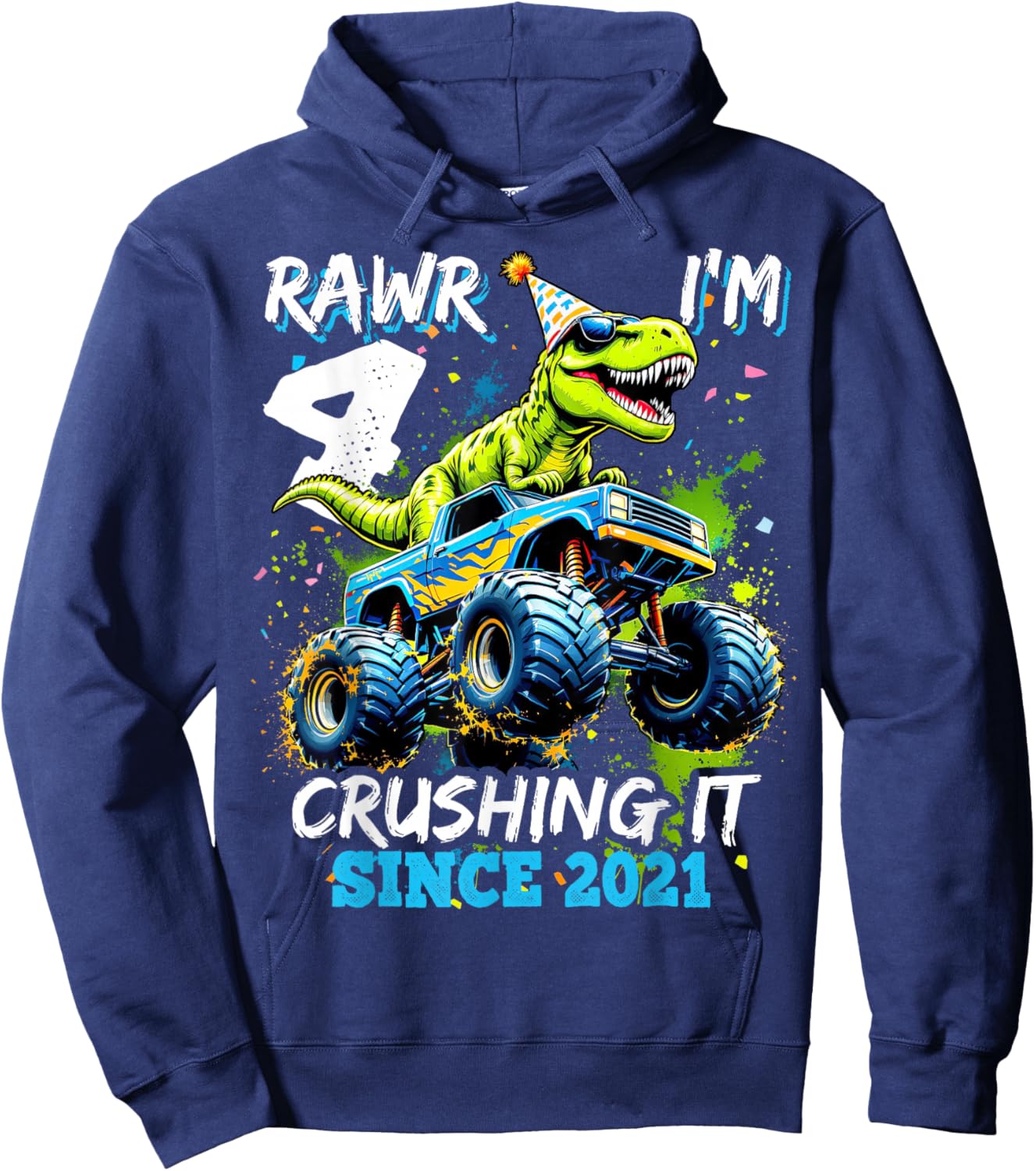 4th Birthday Monster Truck Dinosaur Party Boys Rawr I'm 4 Hoodie - Hoodie | Navy