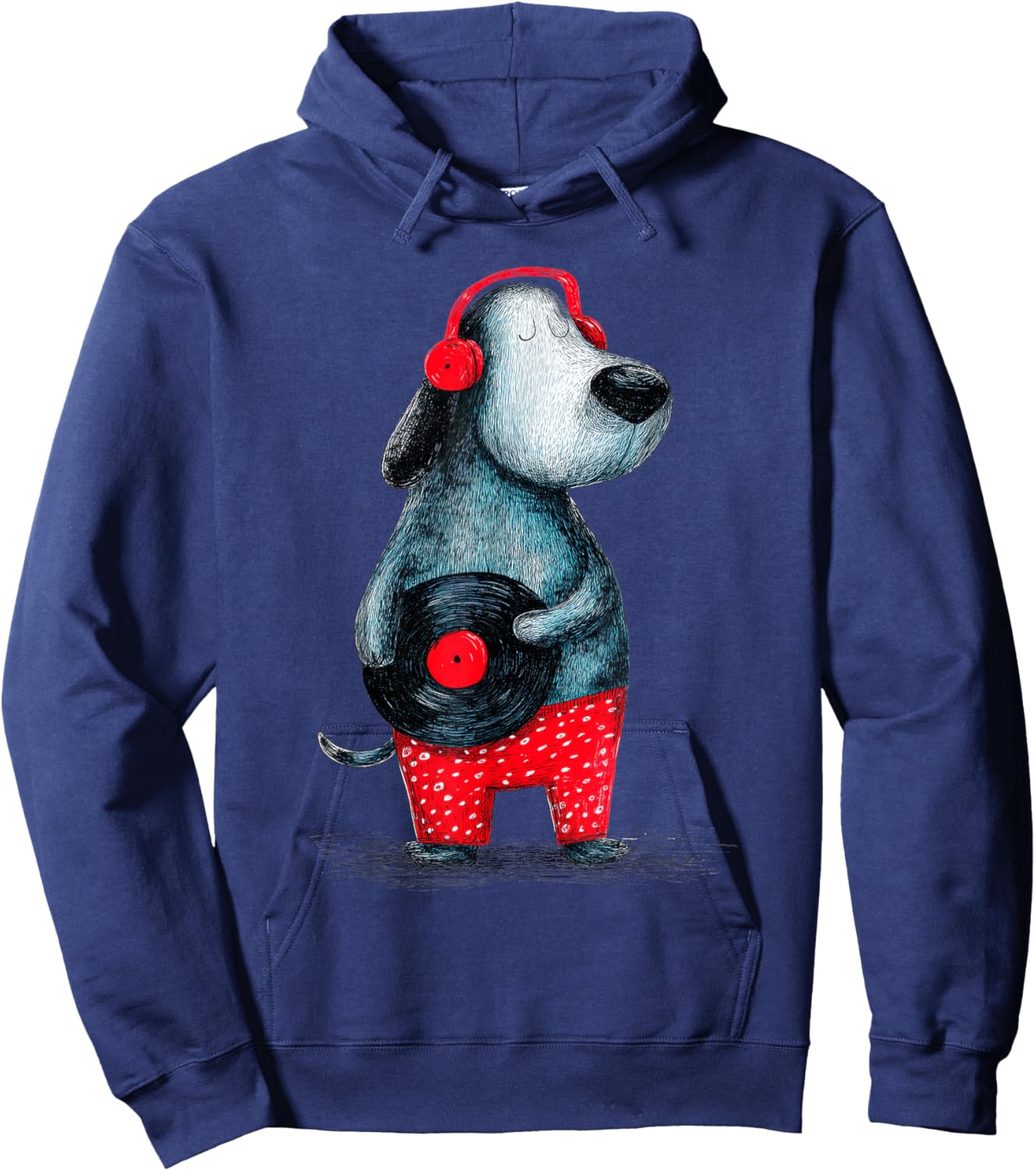 Hund trägt Kopfhörer mit Schallplatte Hoodie - Hoodie | Navy