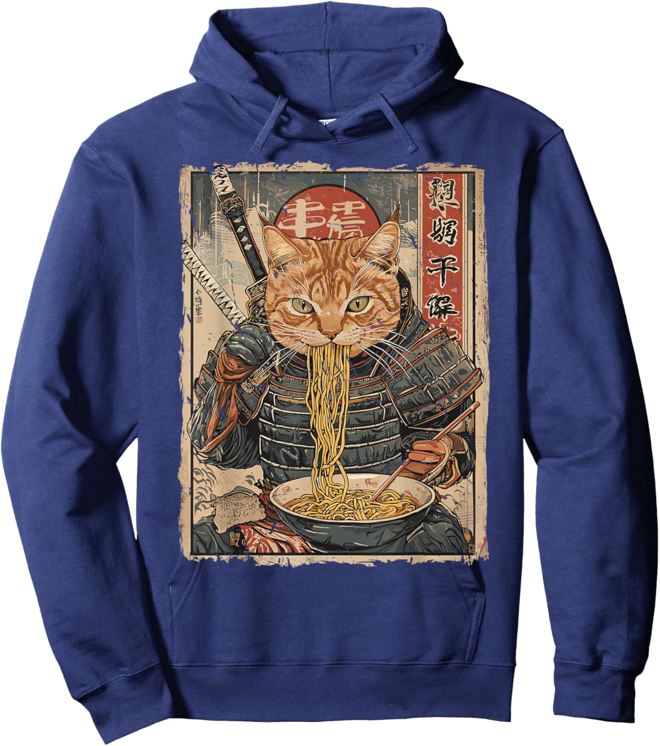 Samurai Cat Loves Ramen Funny Anime Japanese Artwork Samurai Hoodie - Hoodie | Navy