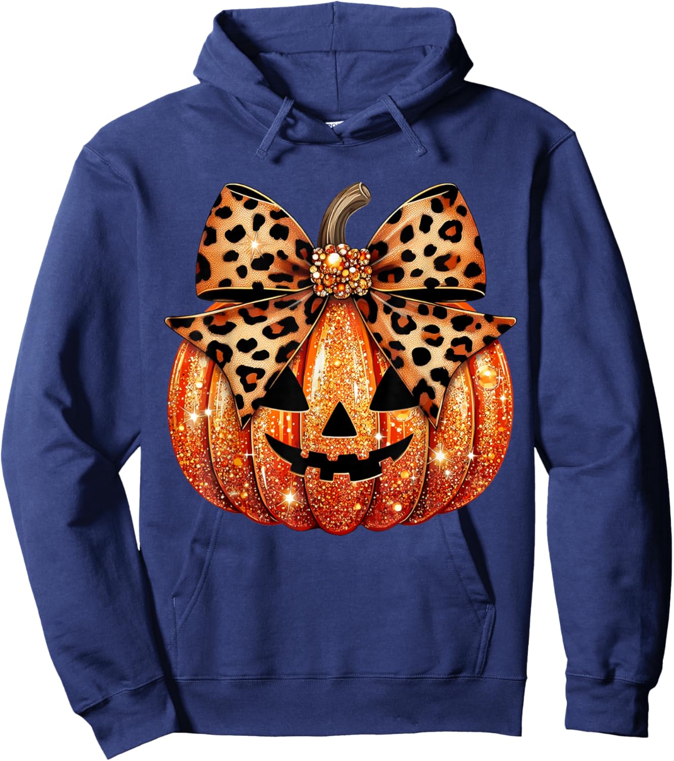 Leopard Coquette Bow Pumpkin Sparkly Pumpkin Hoodie - Hoodie | Navy