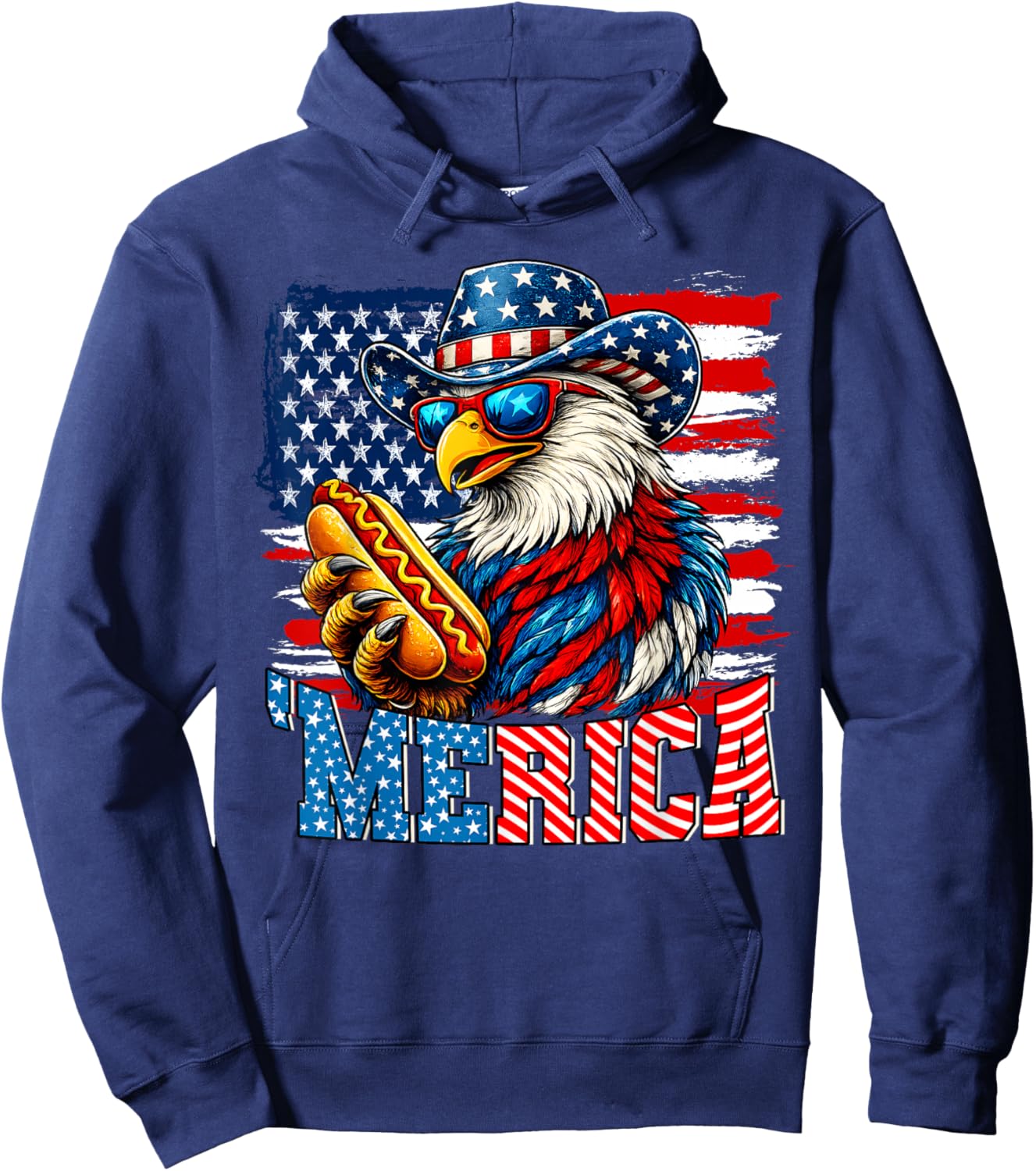 4th of July Merica Eagle Hotdog Lover USA Flag Patriotic Hoodie - Hoodie | Navy