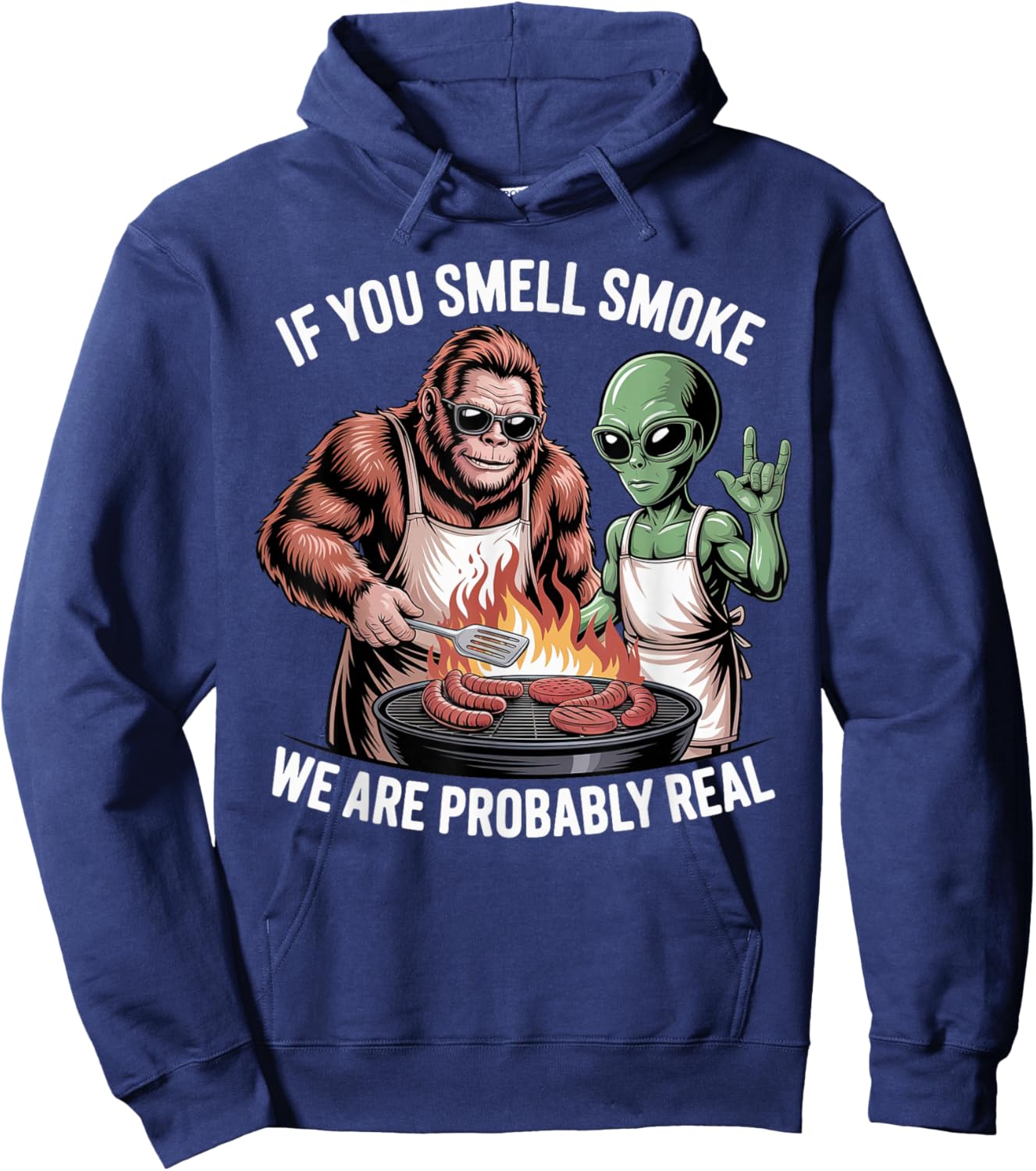 BBQ Bigfoot and Alien Men Father's Day BBQ Bigfoot Alien BBQ Hoodie - Hoodie | Navy