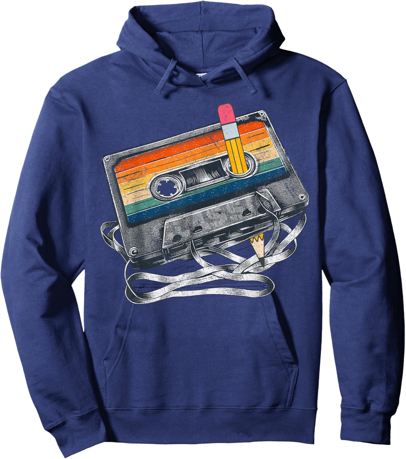 Retro 80s Cassette Tape Pencil 1980s Vintage Throwback Music Hoodie - Hoodie | Navy