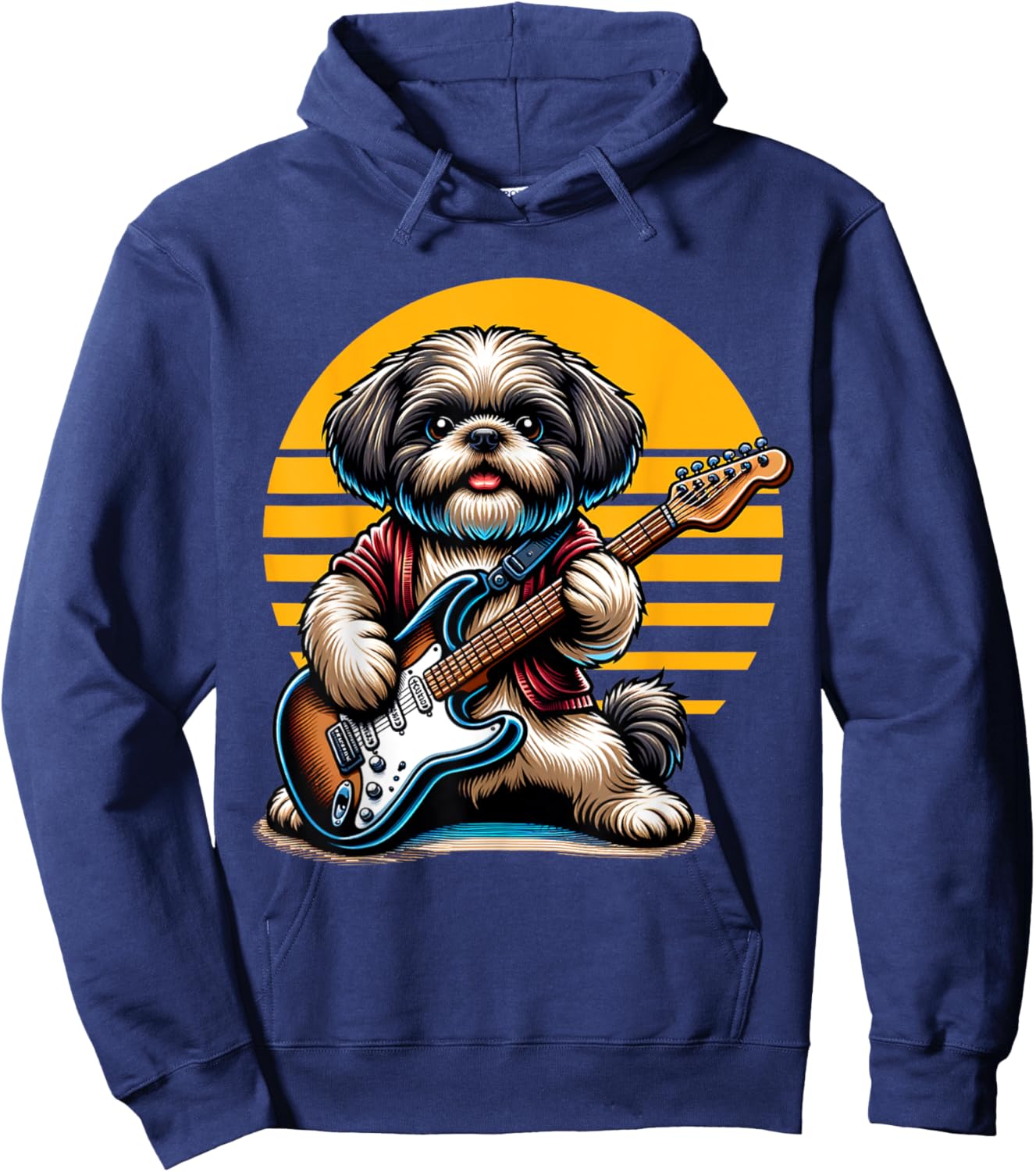 Funny Shih Tzu dog playing Electric Guitar. Shih Tzu Lover Women Kids Hoodie - Hoodie | Navy
