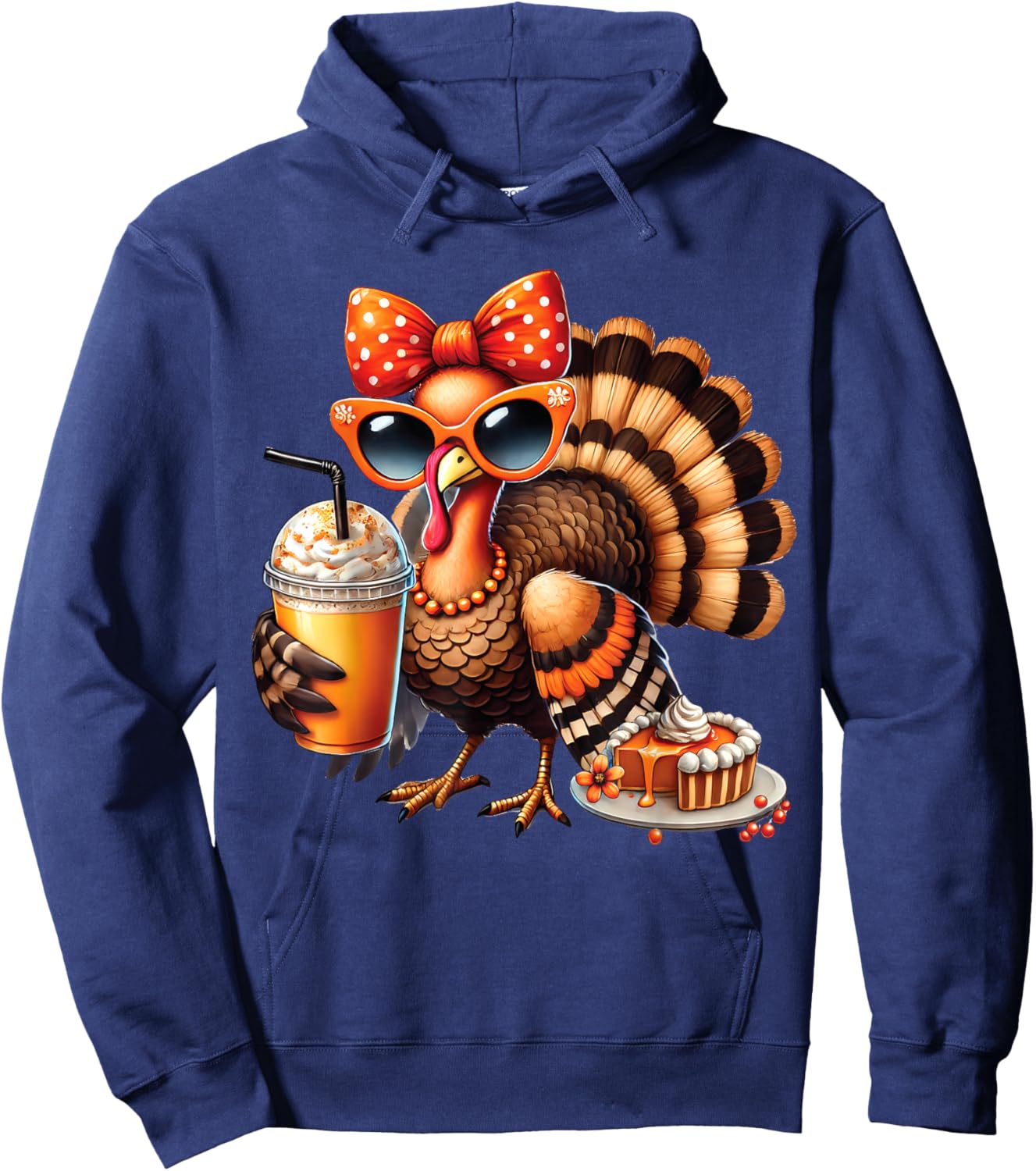 Turkey Drinking Coffee Bow Thanksgiving Turkey Day Hoodie - Hoodie | Navy