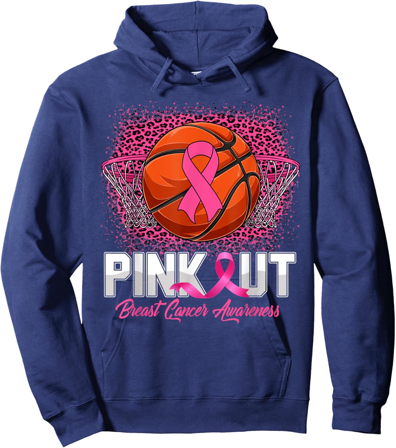 Pink Out Breast Cancer Awareness Basketball Leopard Bleached Hoodie - Hoodie | Navy