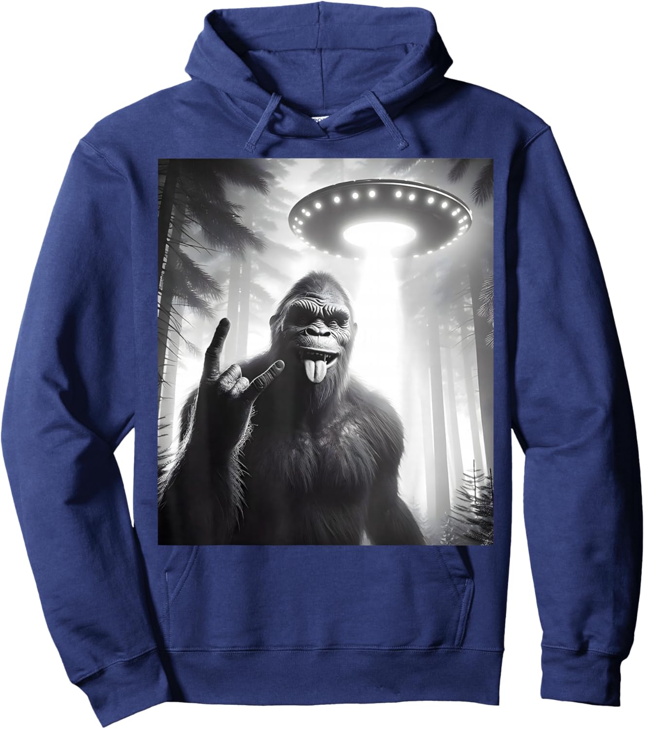 Funny Sasquatch Bigfoot Selfie With UFO Alien Rock Sign Hoodie - Hoodie | Navy