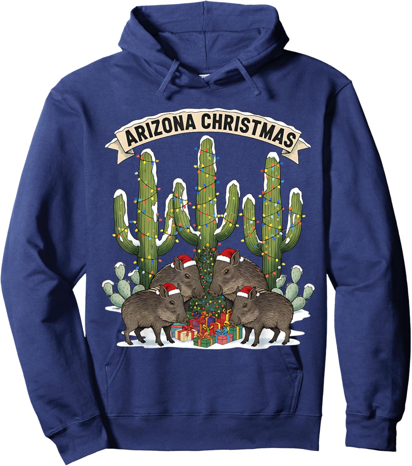 Arizona Christmas Javelina Family Desert Saguaros Lights Hoodie - Hoodie | Navy