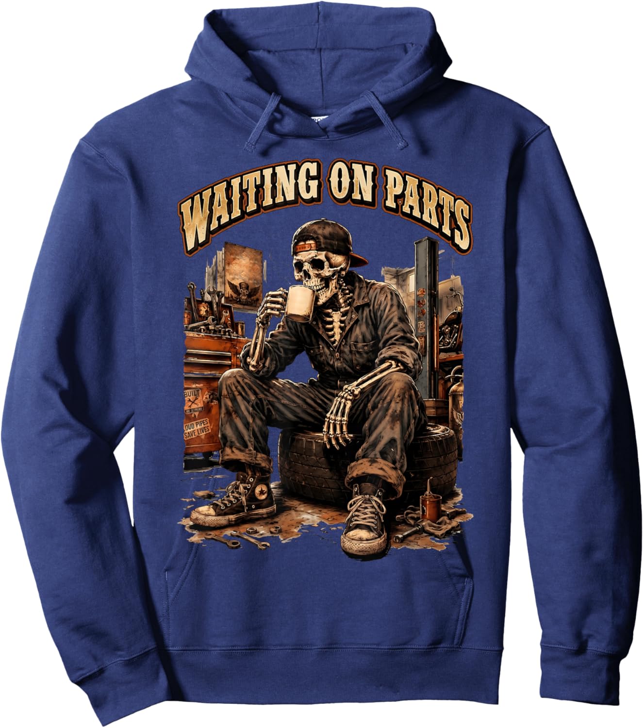 Waiting On Parts Funny Mechanic Skeleton Garage Father's Day Hoodie - Hoodie | Navy